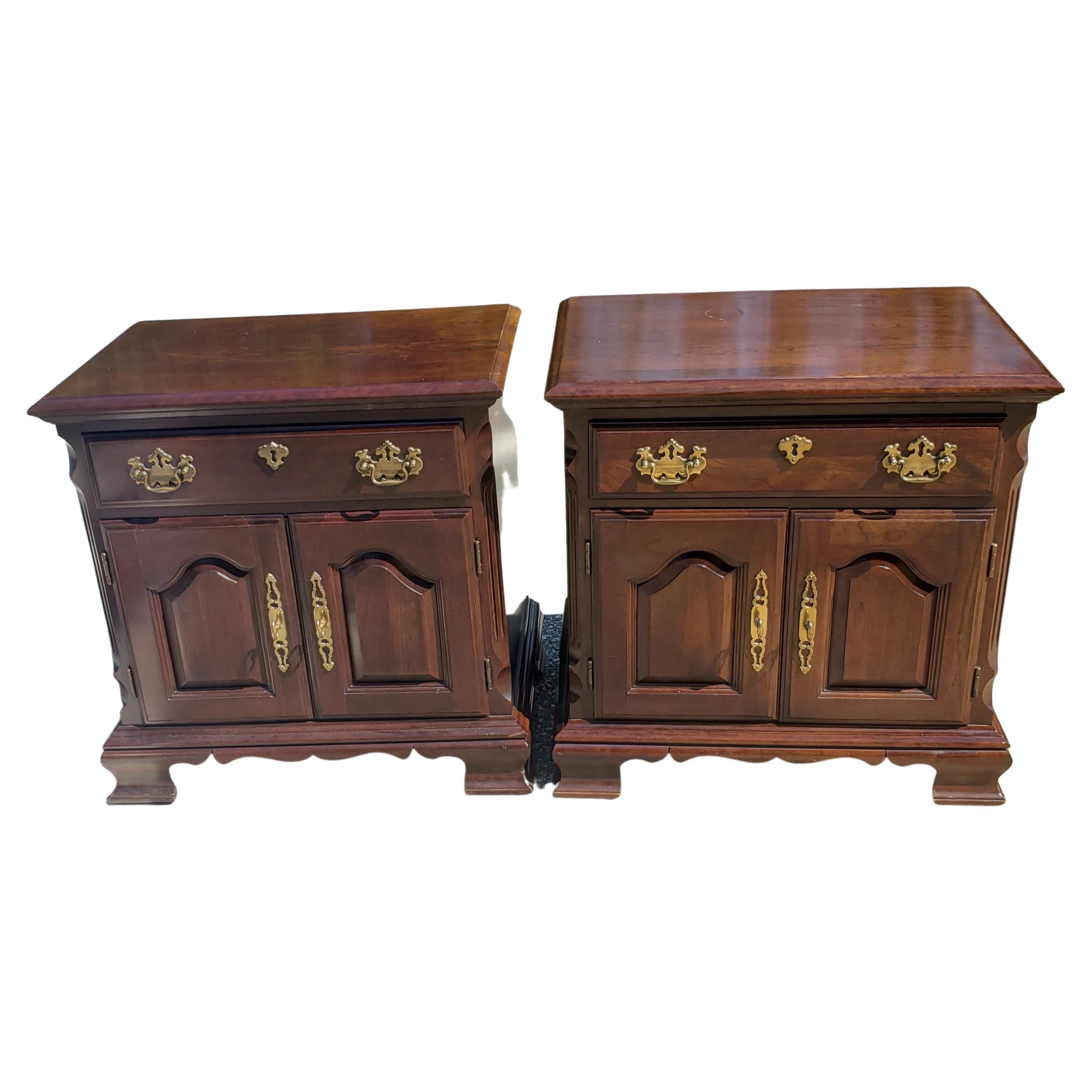 Brass Pennsylvania House Chippendale Solid Cherry Nightstands, a Pair