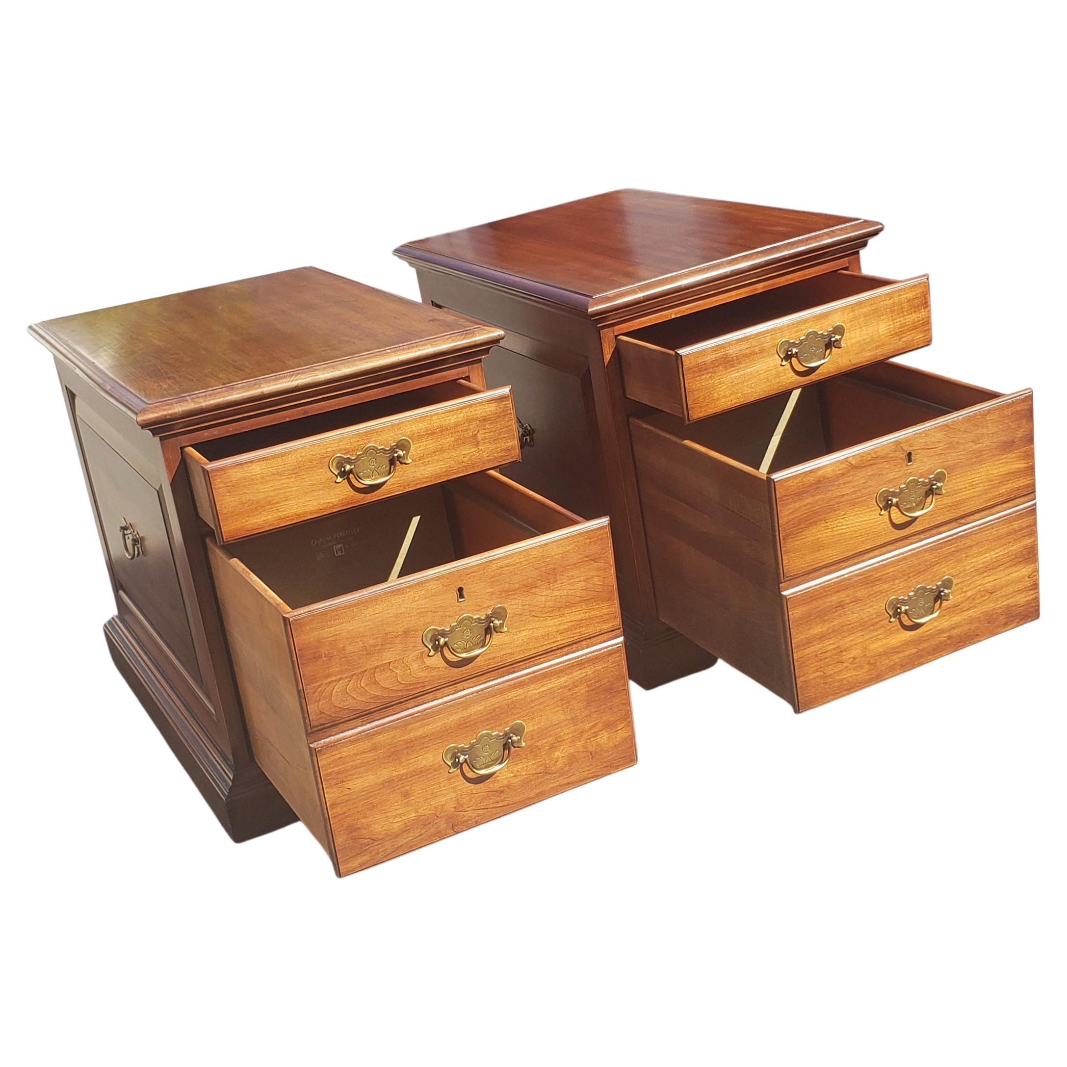 Brass Pennsylvania House Executive Chippendale Solid Cherry Filing Cabinet, Pair 1970s For Sale