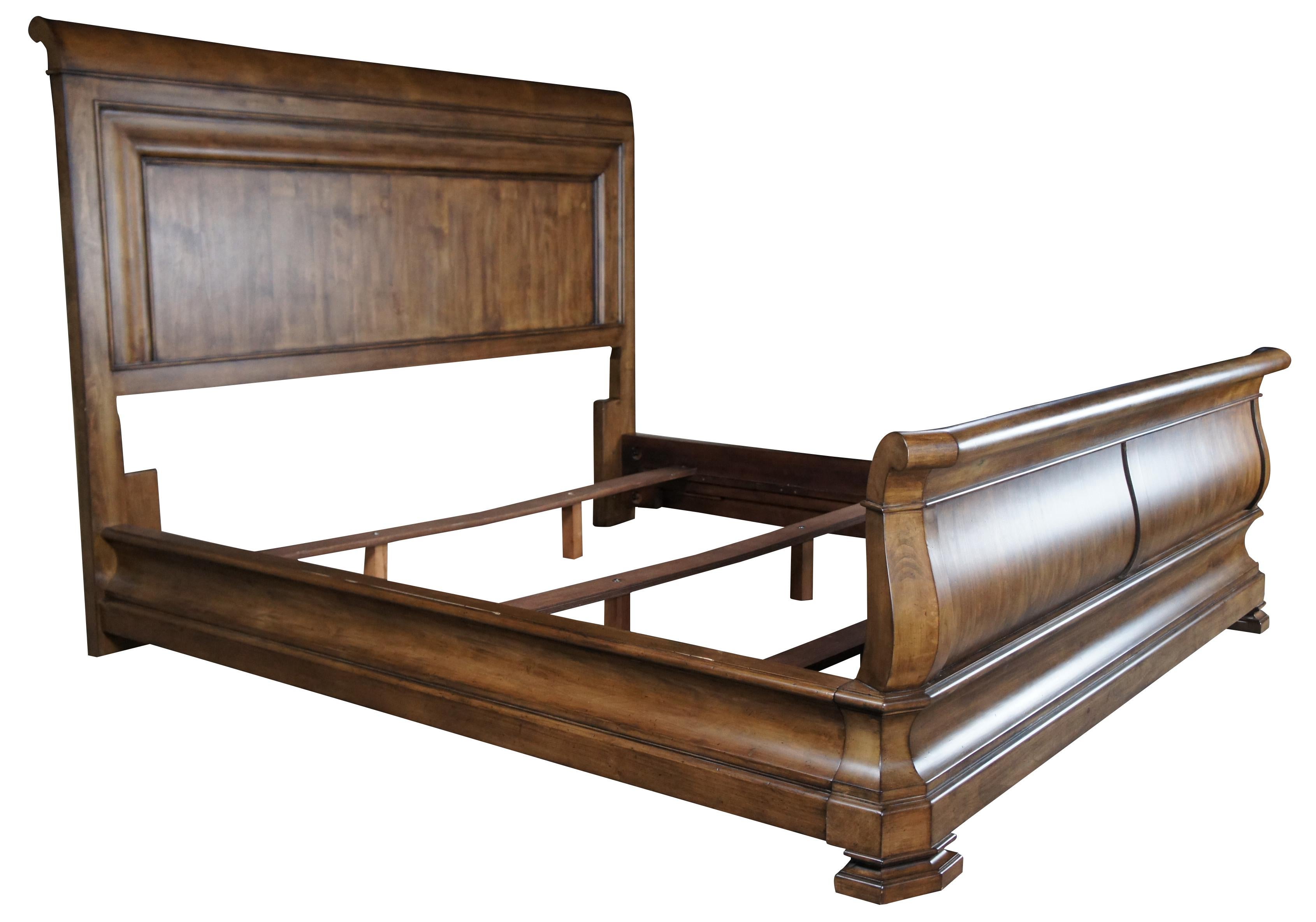 New Lou Louie P's Sleigh bed by Pennsylvania House & Universal. Drawing inspiration from Louis Phillipe styling. Crafted of solid alder in a lightly distressed, distinctly brown finish with graceful lines and modern sensibility. Features nine