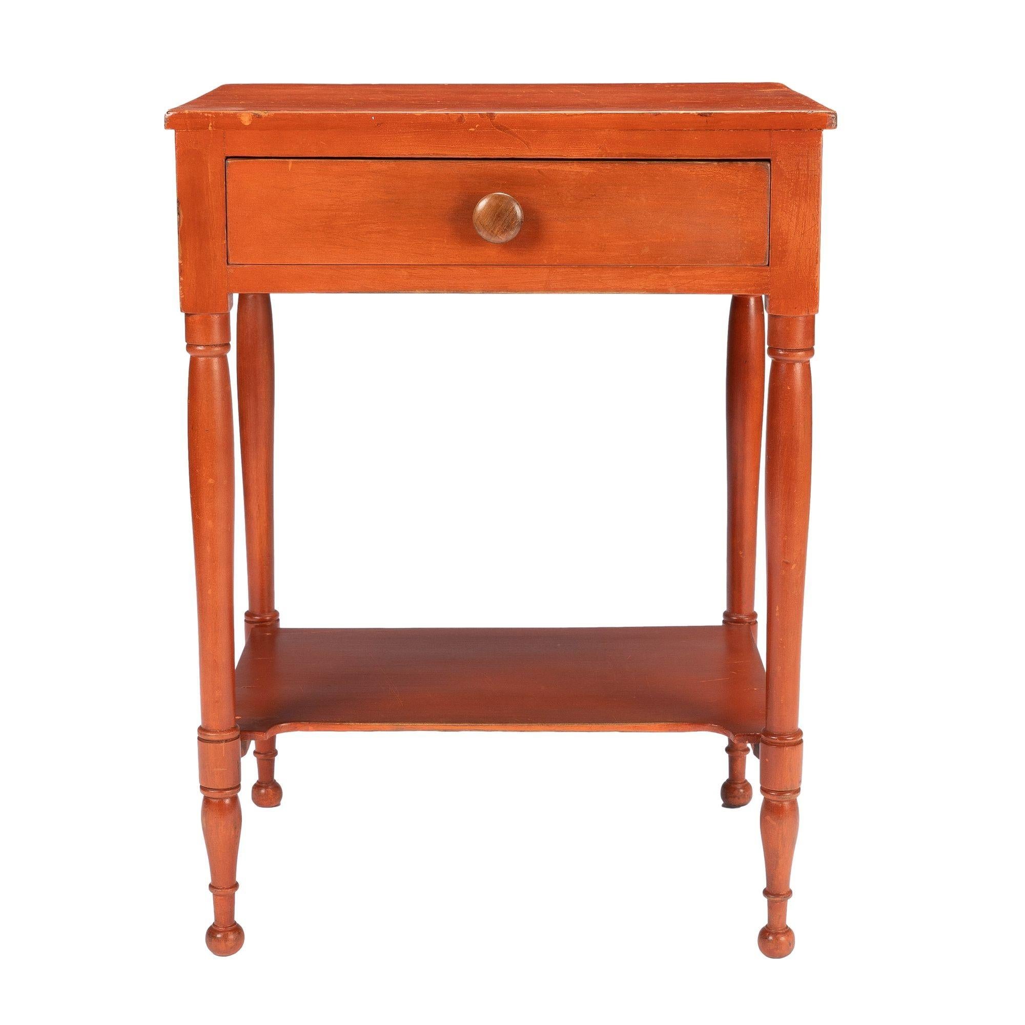 American Sheraton painted tulipwood one drawer stand with stretcher shelf. The painted surfaces have been cleaned and refreshed.
American, Southeastern Pennsylvania, circa 1820.