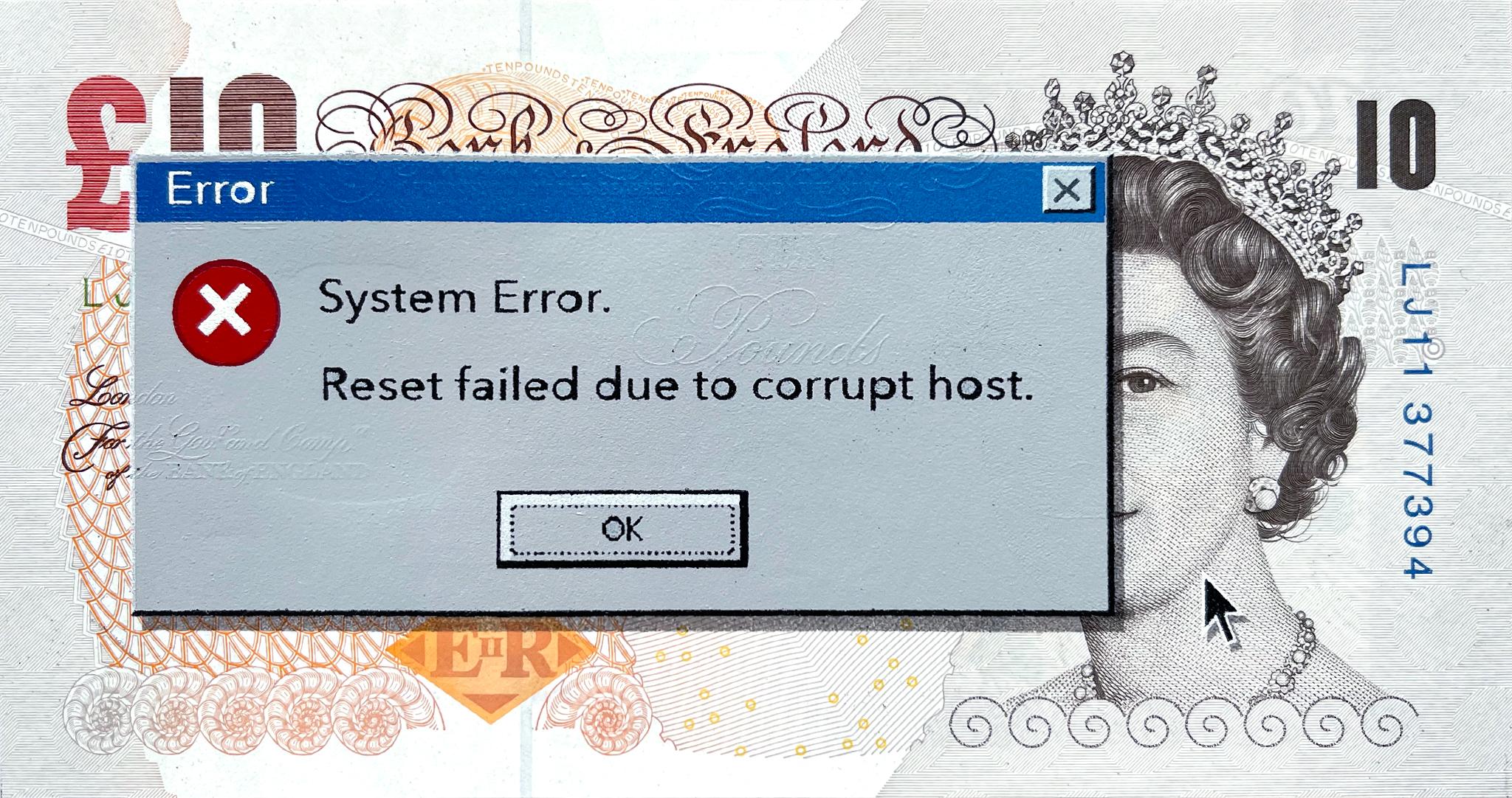 "System Error" contemporary street art spray paint on currency framed in black