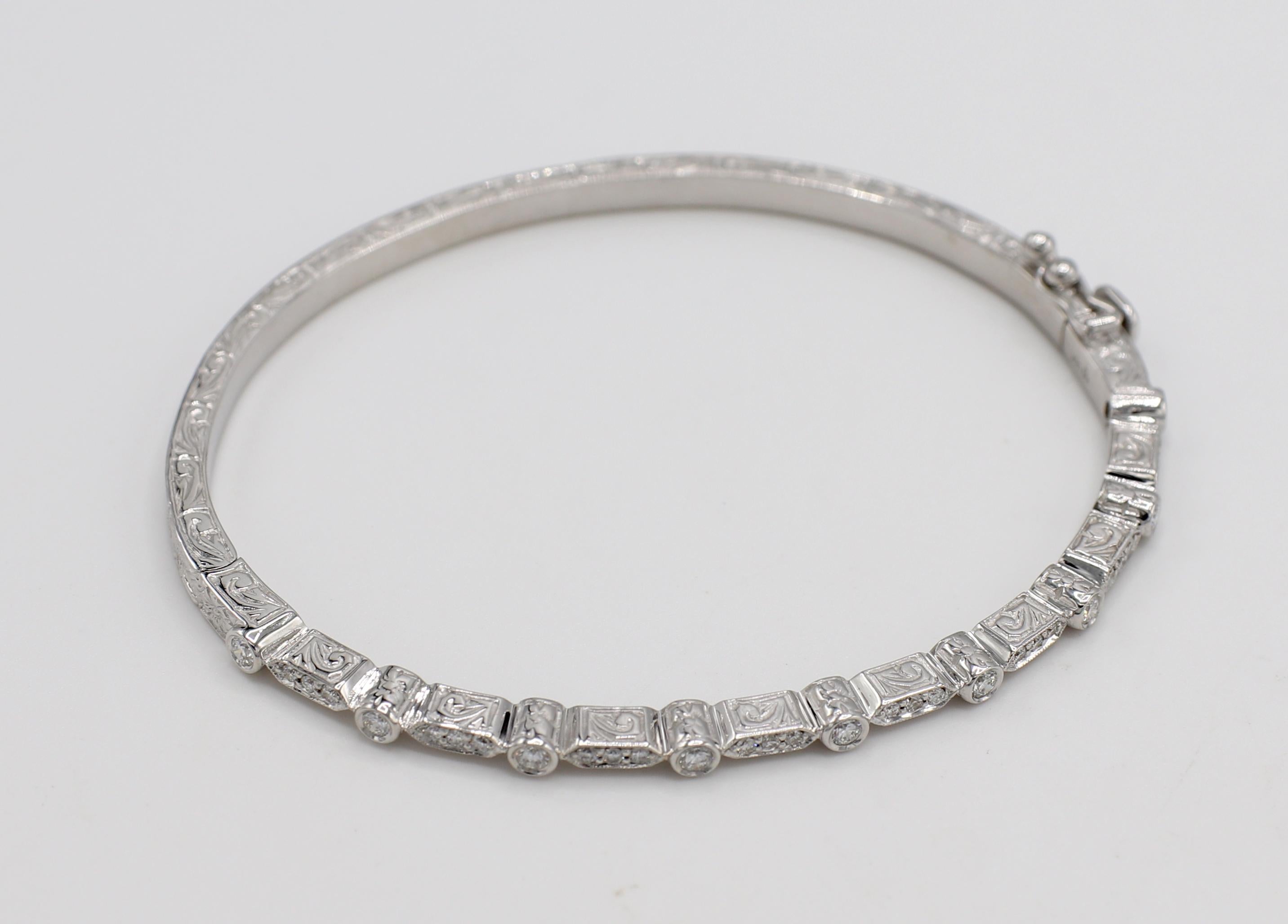 Round Cut Penny Preville 18 Karat White Gold & Natural Diamond Hinged Bangle Bracelet 
