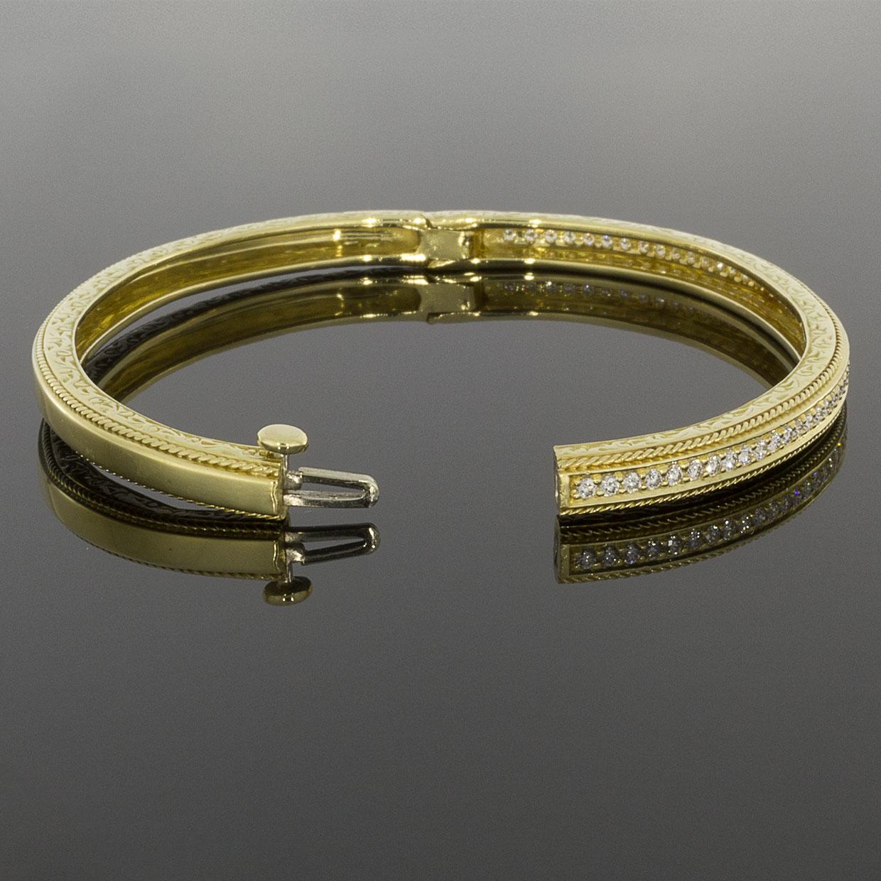 Round Cut Penny Preville 18 Karat Yellow Gold Diamond Engraved Bangle Bracelet