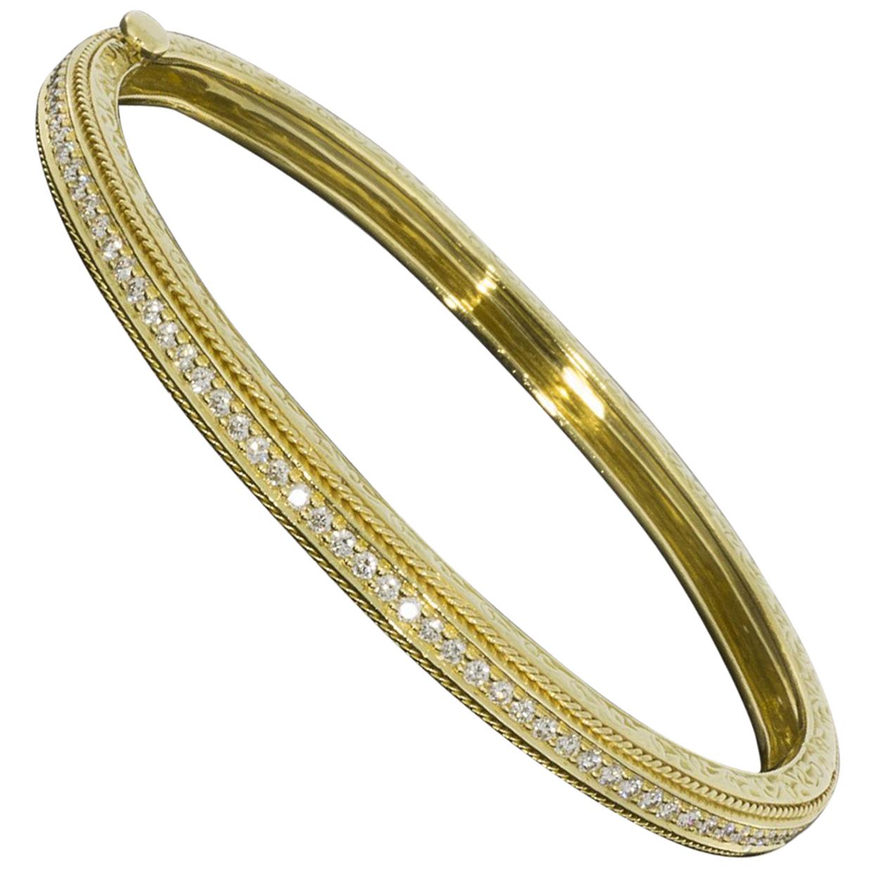 Penny Preville 18 Karat Yellow Gold Diamond Engraved Bangle Bracelet