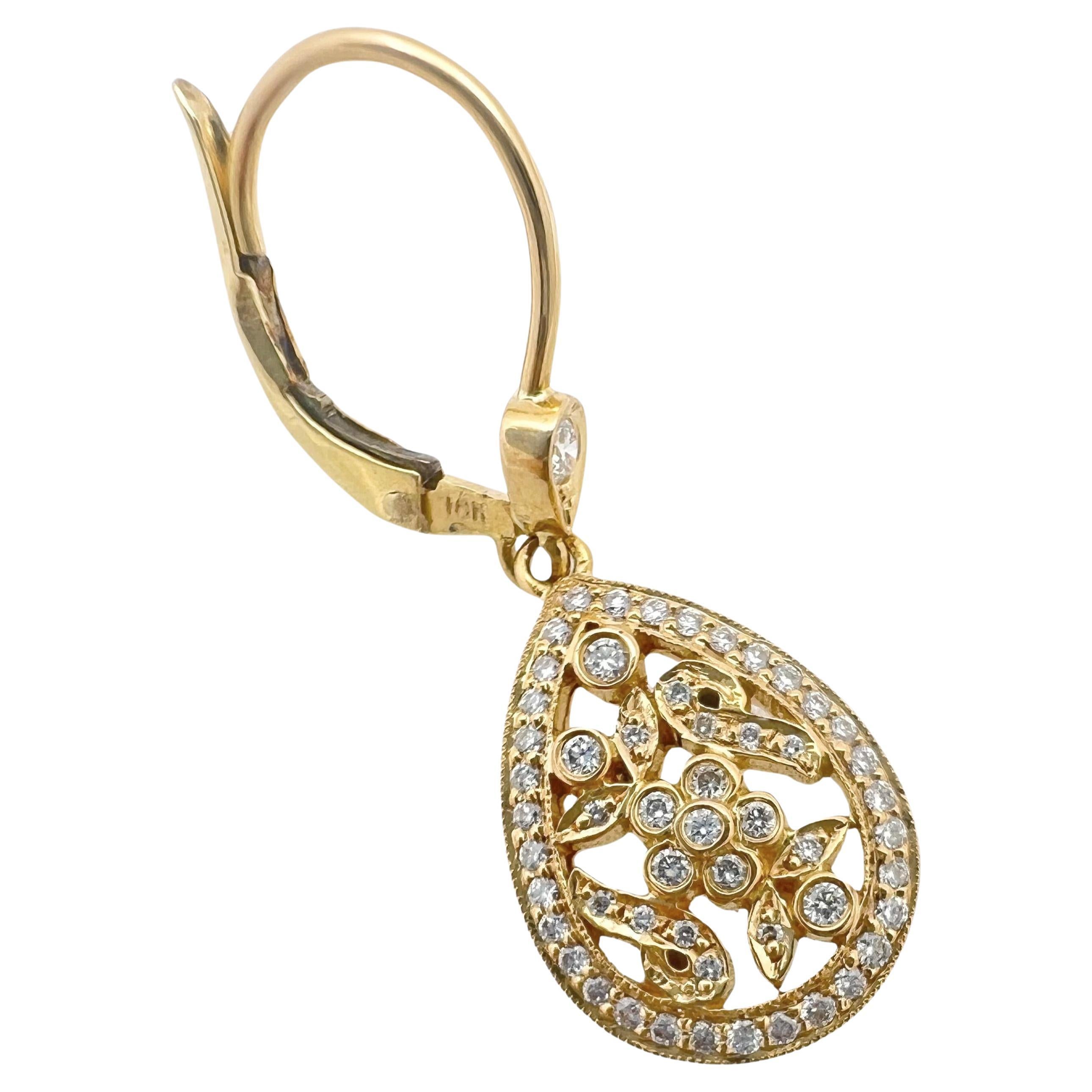 Diamond-set foliate motif drop earrings in 18k rose gold by Penny Preville.  Lever back pierced tops with pear-shaped drops with halo border and open-work filigree leaf and floral center.  110 round brilliant-cut diamonds weighing approximately 0.75