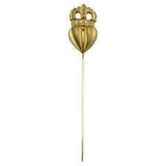 Vintage Penny Preville 18K Yellow Gold and Diamond Claddagh Stick Pin #17106