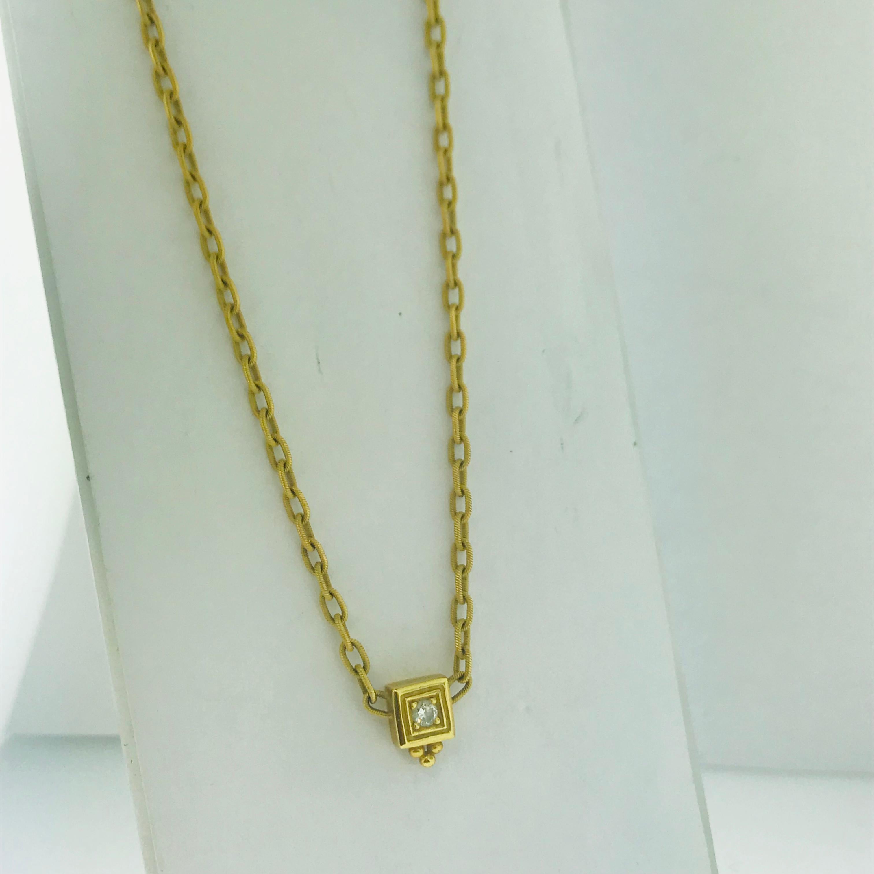 Round Cut Penny Preville .20 Carat Diamond Necklace in 18 Karat Yellow Gold Pendant Chain