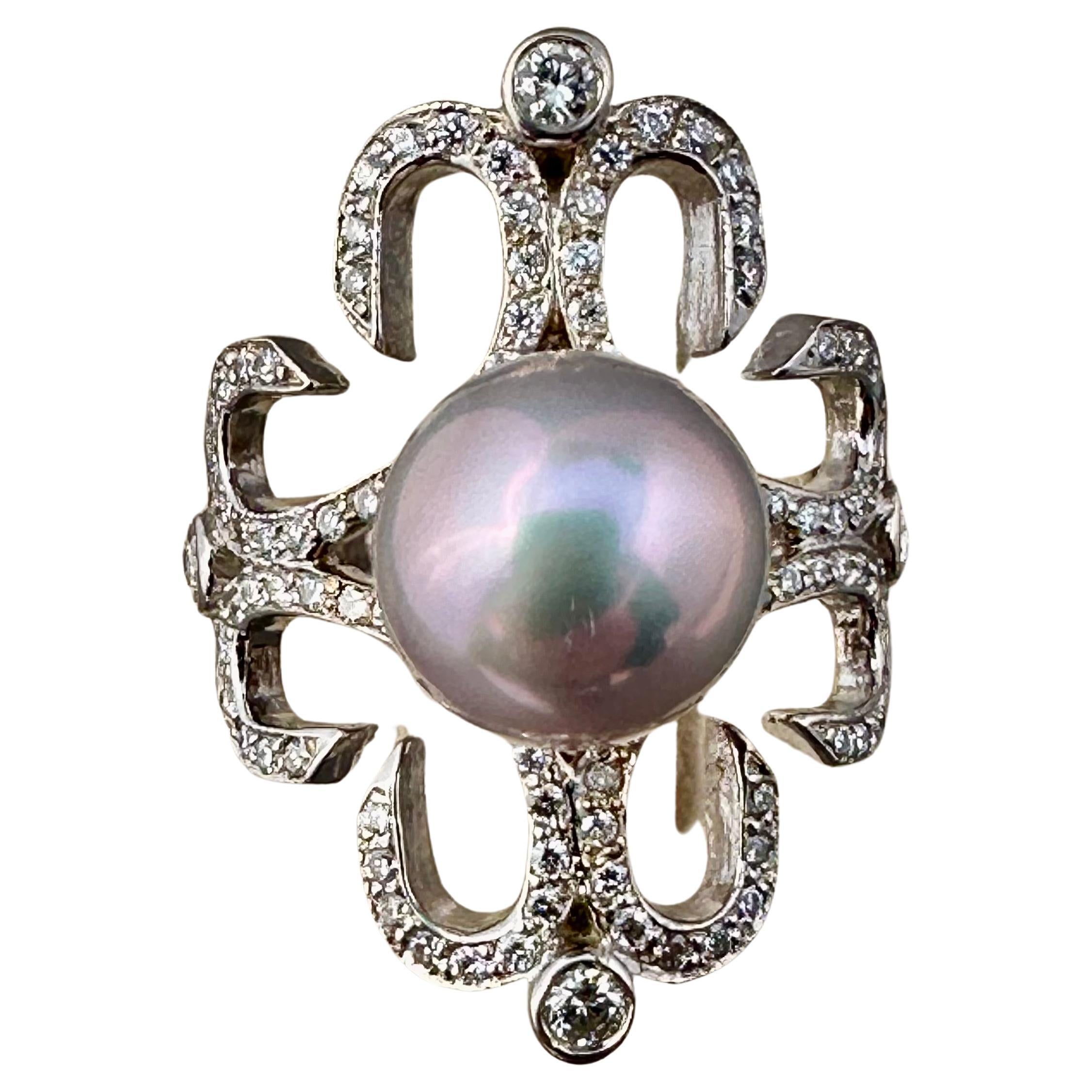 "Penny Preville" jewelry design Diamond 18K W.G.  Ring with South Sea Pearl  For Sale