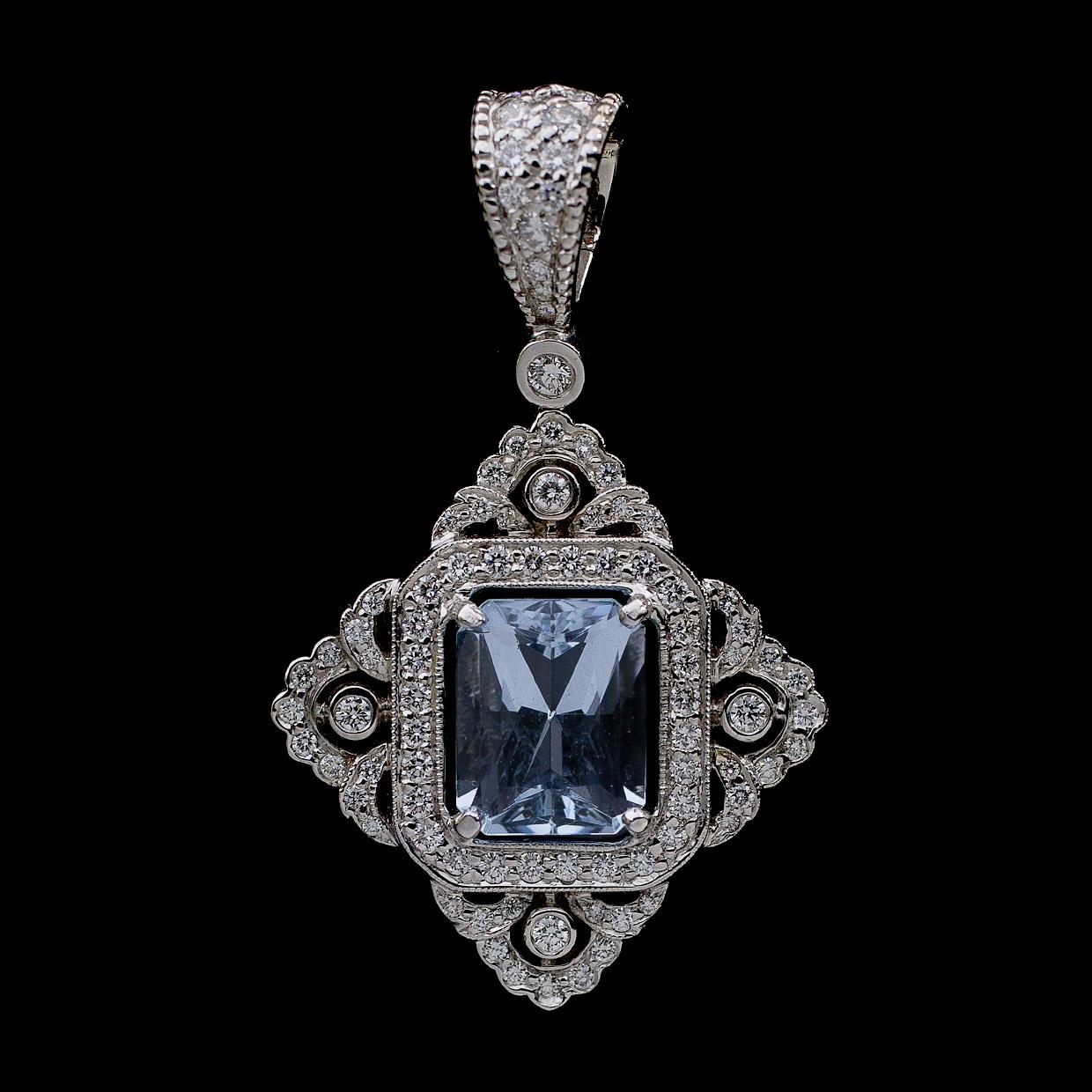 Women's Penny Preville White Gold 3.77 Carat Emerald Cut Aquamarine and Diamond Pendant