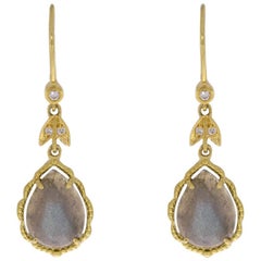Penny Preville Yellow Gold Pear Labradorite and Diamond Drop/Dangle Earrings