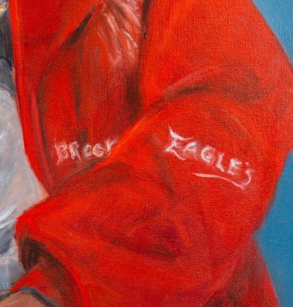 Penny Purpura (American, XX-XXI), Portrait of a New Yorker, Oil on Canvas, depicting seated man in a Yankees logo t-shirt and red Brooklyn Eagles hoodie, apparently unsigned, unframed. 30