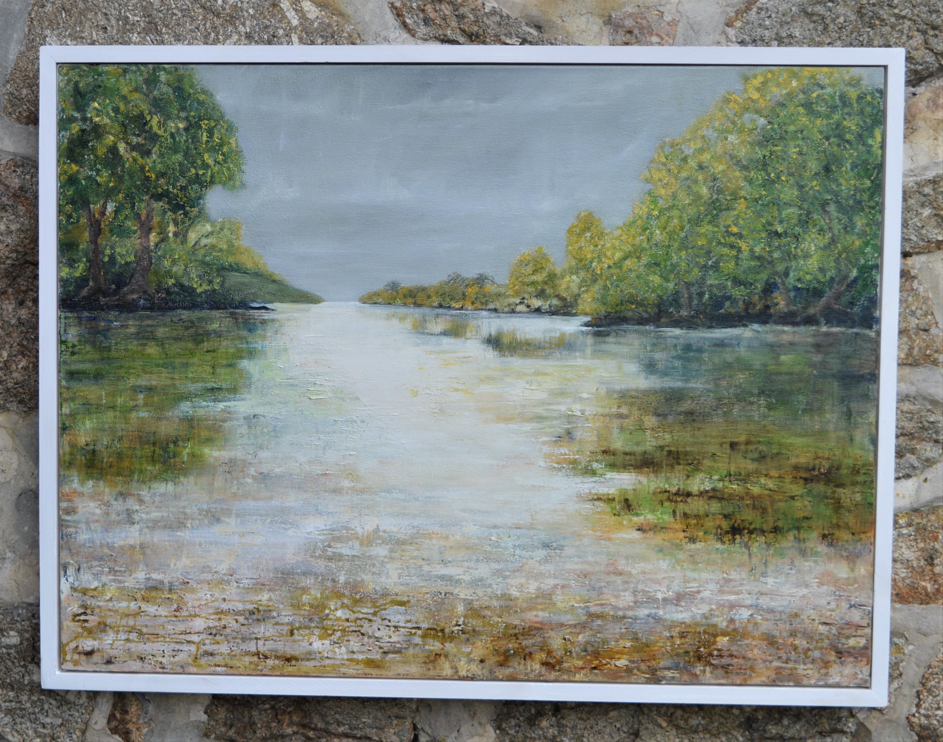 A River Flows Through.  Contemporary English Landscape - Painting by Penny Rumble