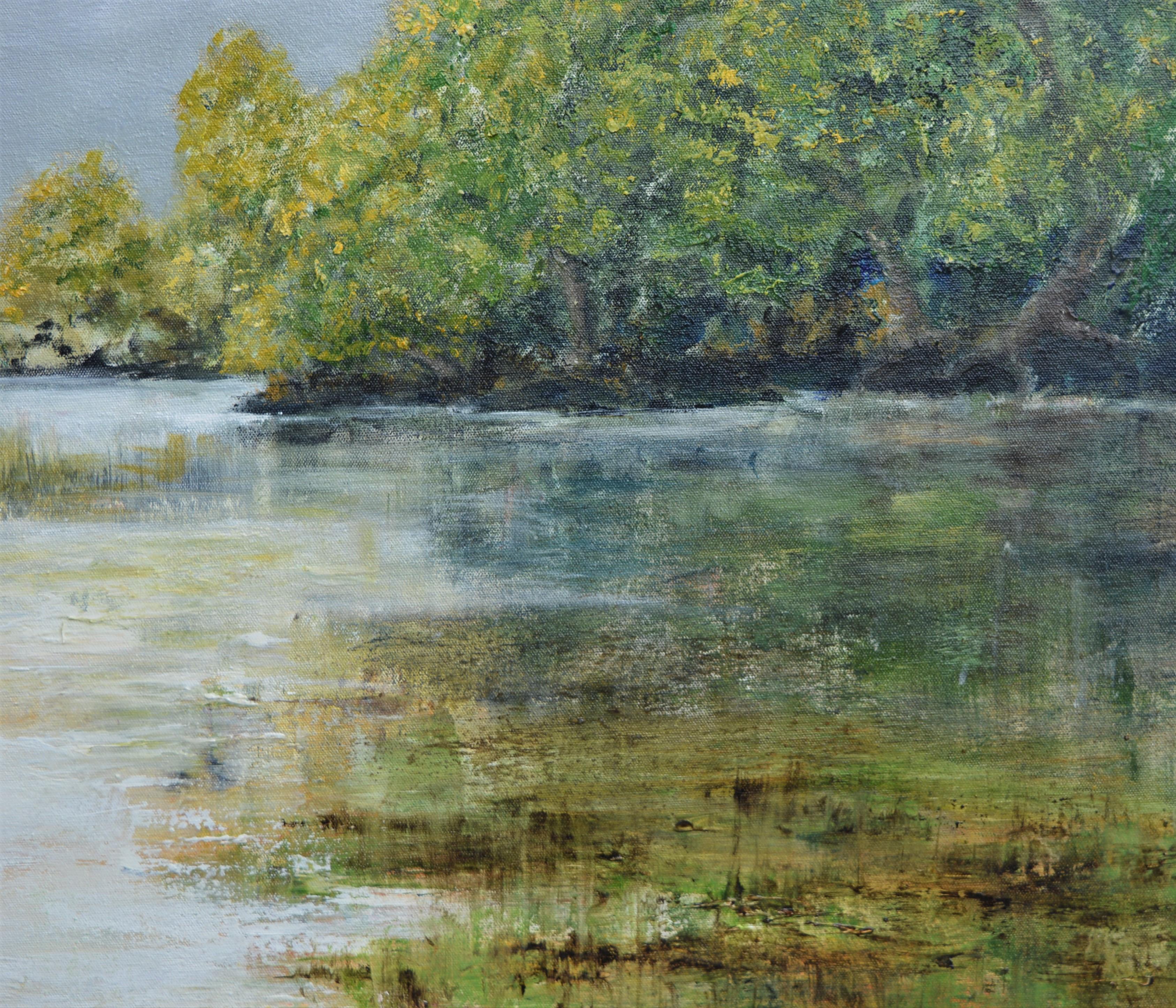 
A RIVER FLOWS THROUGH
oil on canvas
75 x 100 cm + edge frame

A river estuary is home to so many different animal species. There are quiet creeks where sea bass gather and egrets poke about on the muddy shoreline. Here an abundance of oak rises up
