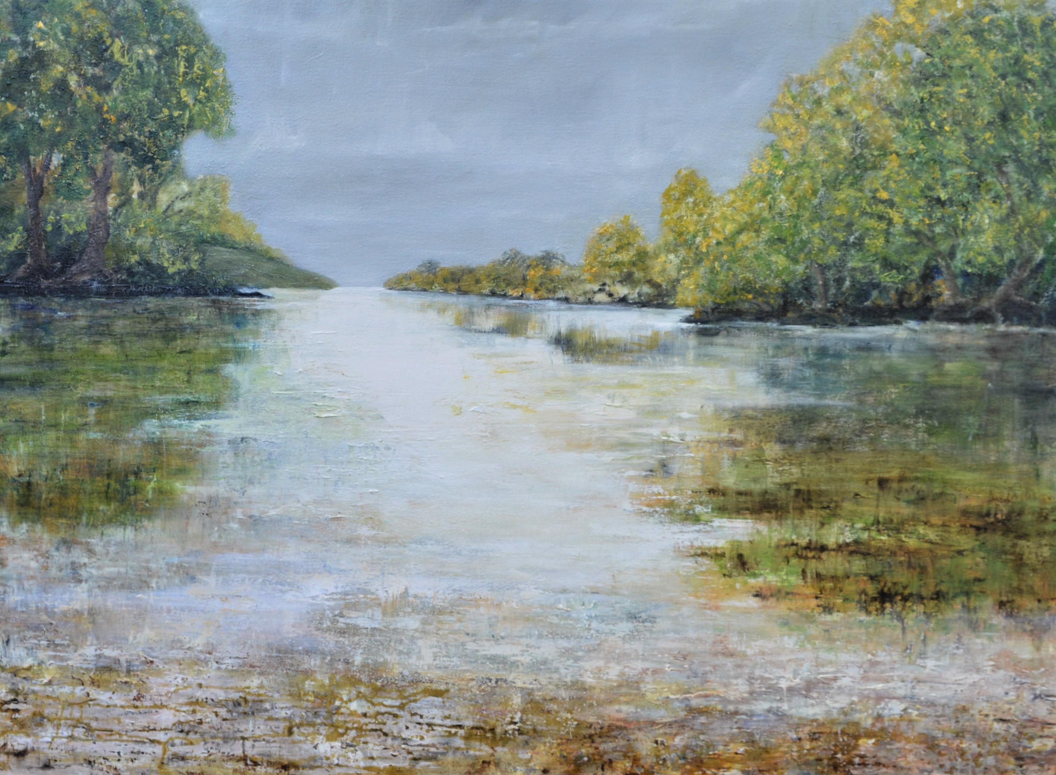Penny Rumble Landscape Painting – Ein Fluss fließt durch.  Contemporary English Landscape
