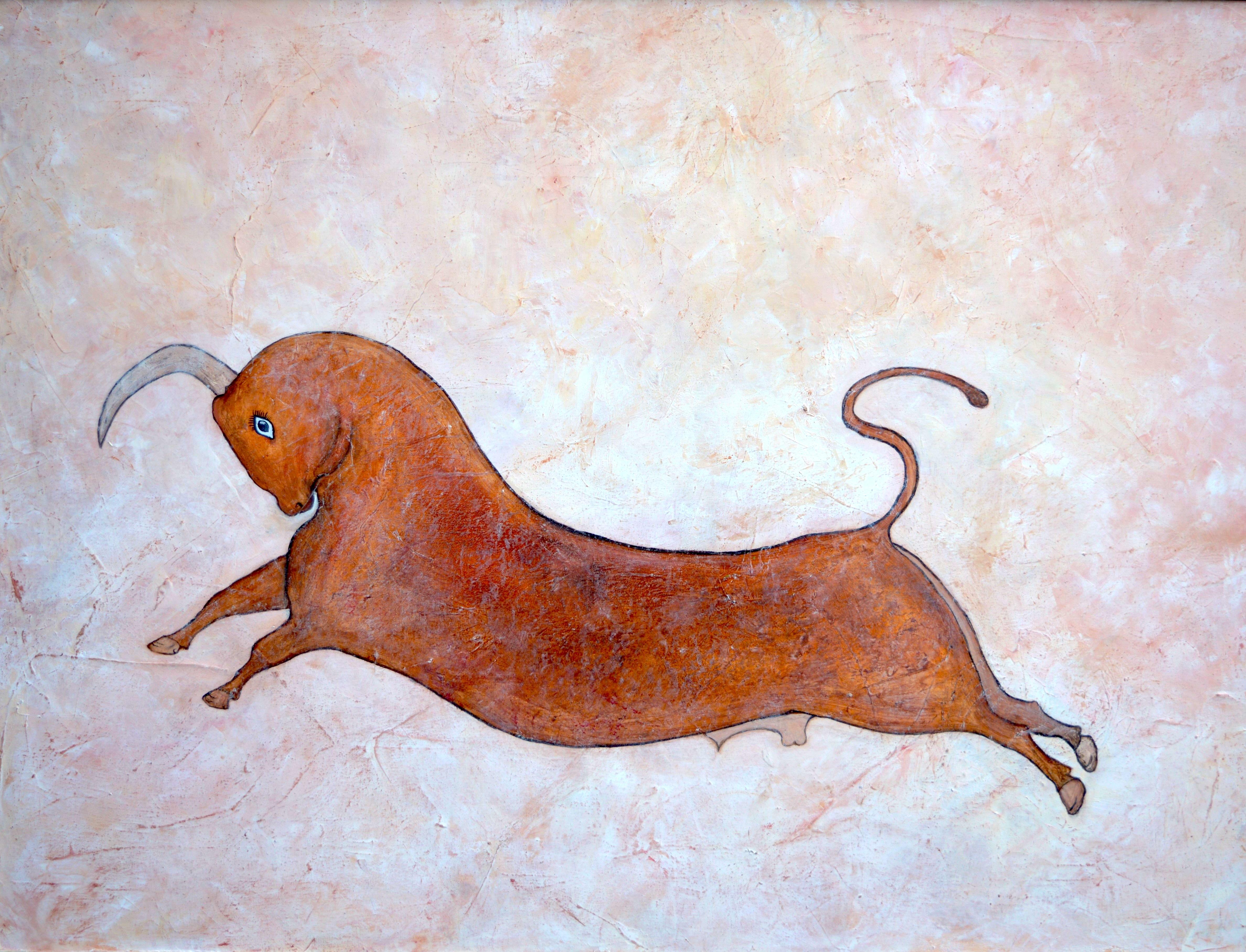 Figurative Painting de Penny Rumble - "Toro Saltarín". Pintura al óleo contemporánea de la Escuela Naif