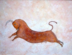"Toro Saltarín". Pintura al óleo contemporánea de la Escuela Naif