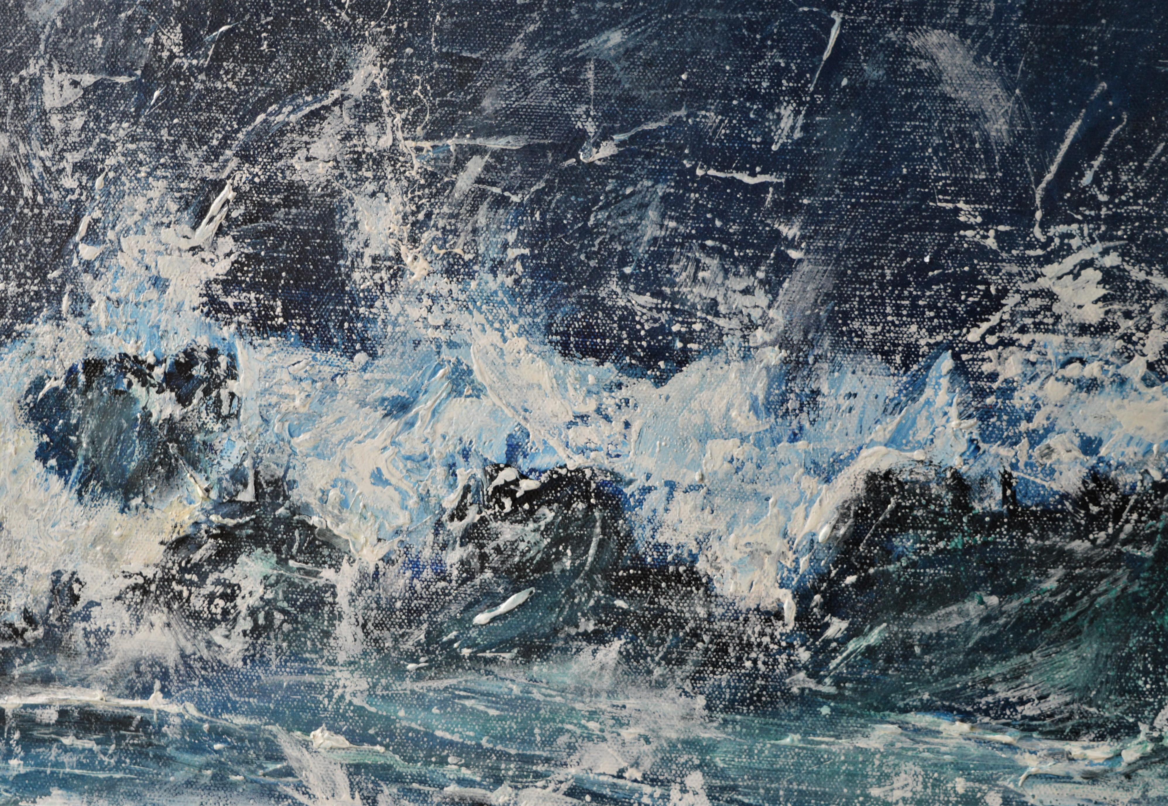 It is the middle of summer and a strong southerly kicks up the sea so that it pounds against the shore. On a balmy, moonlit night in July, spray fills the air and a silvery reflection bounces off the water. Using a very limited palette of Cerulean,