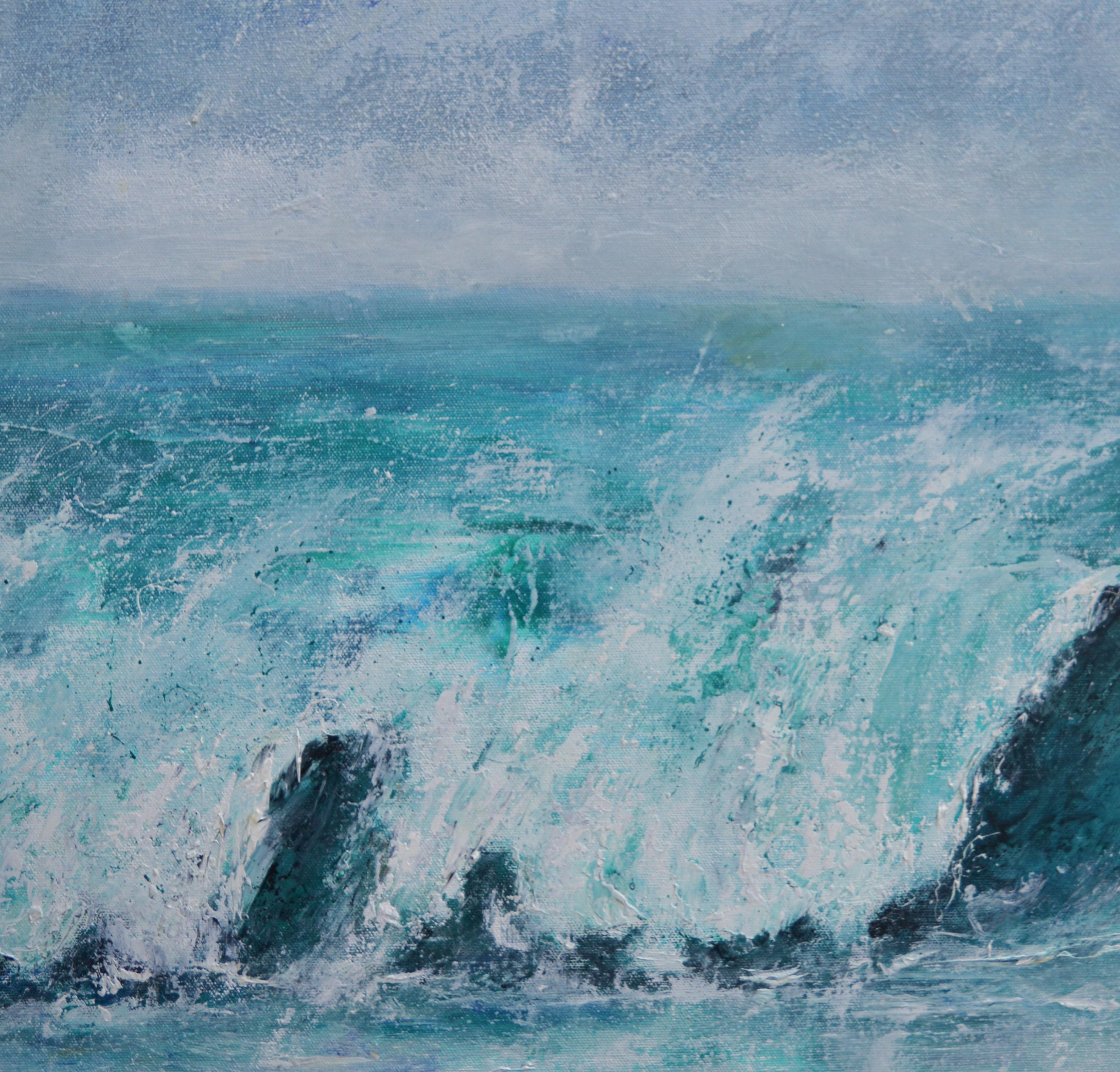 Too Rough to Swim, Too Good to Miss - Blue Landscape Painting by Penny Rumble