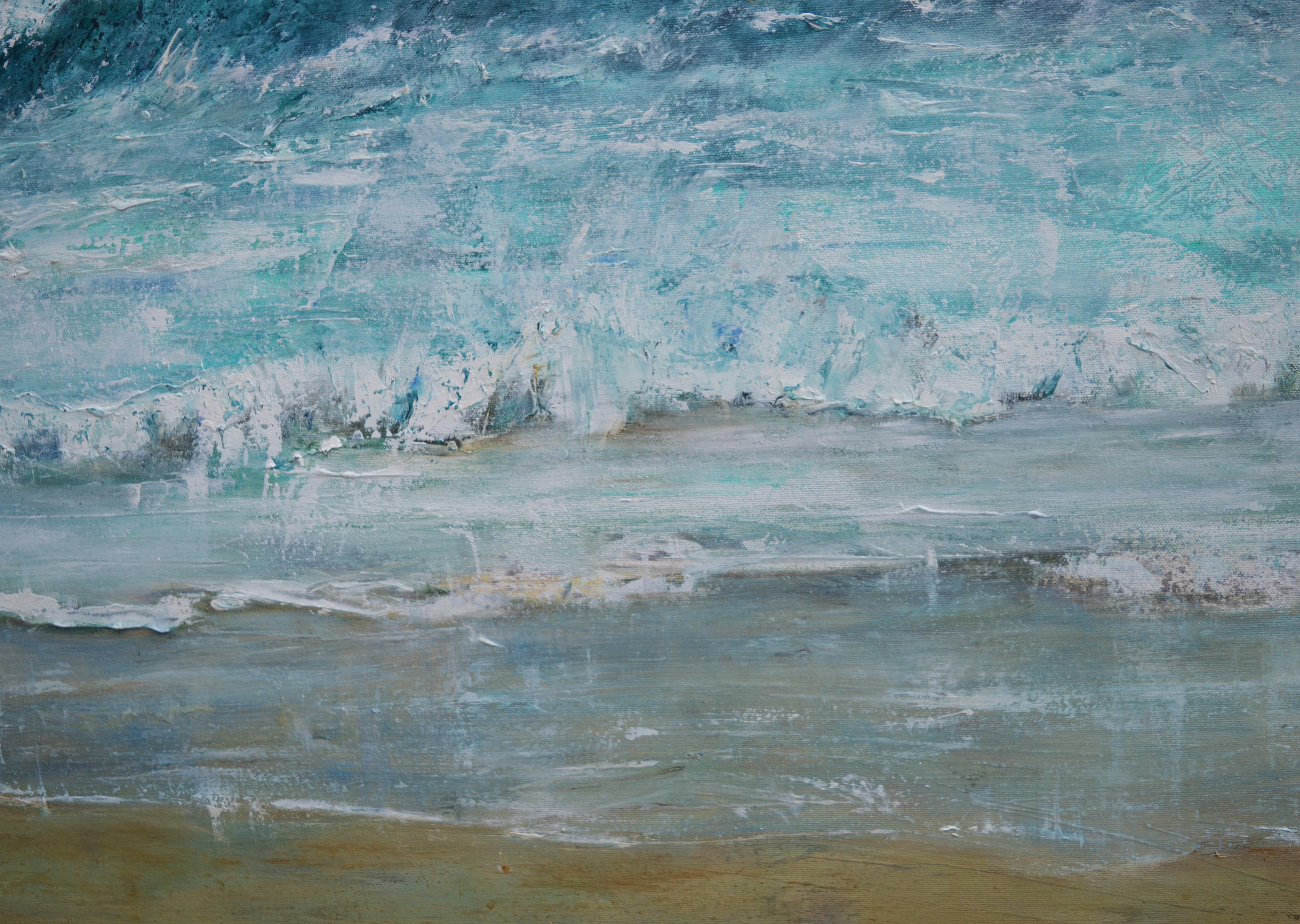 Spindrift is the soft spray that is blown off the back of the wave when an offshore wind blows through onto the sea. Waves curl up and as they break the surf is whisked into the air. Light shines through the green of the wave crest and dark shadow