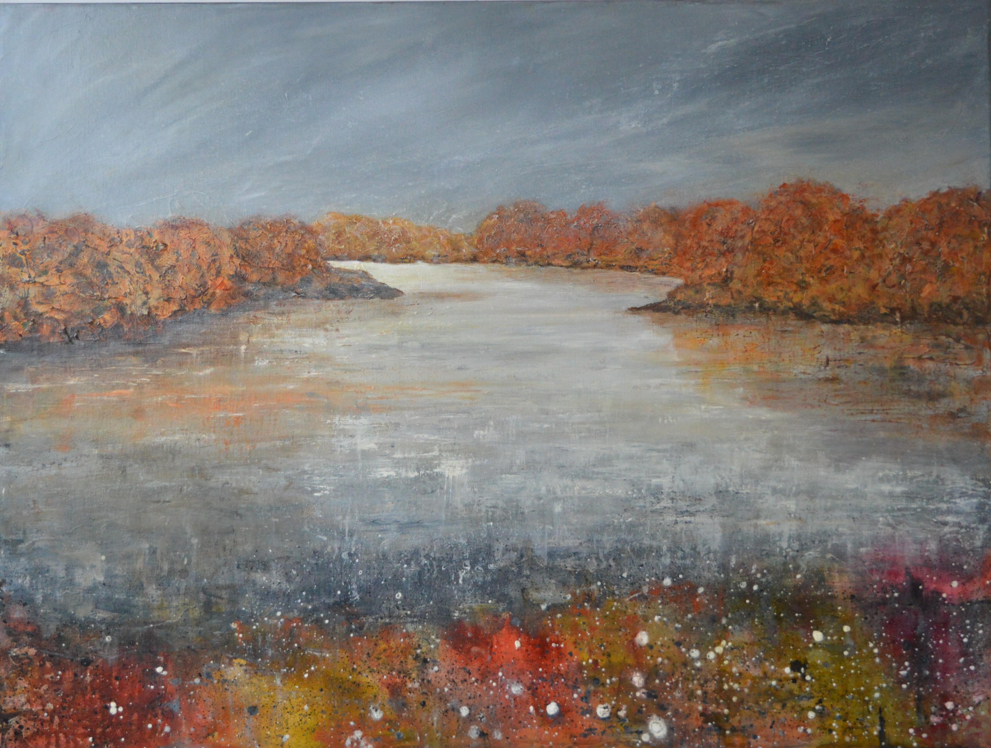 Landscape Painting Penny Rumble - Rivière tranquille.  Peinture à l'huile contemporaine de paysage anglais