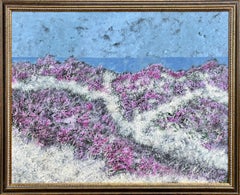 "A lo largo de Asilomar" - Vívido paisaje marino de playa postimpresionista con flores moradas