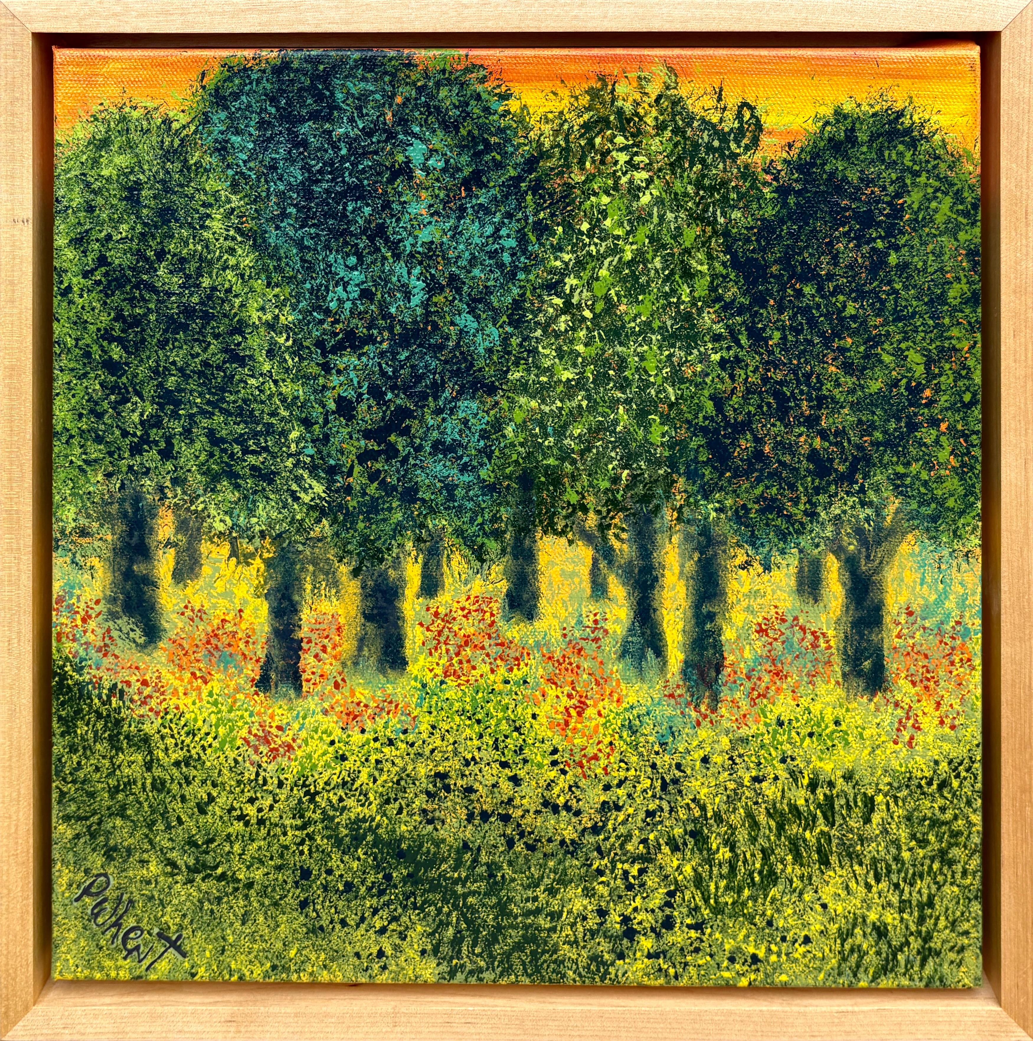 "Apple Grove" - Paysage post-impressionniste vibrant d'un pommier éclairé par le soleil