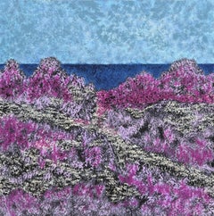 "Asilomar Beach" - Paysage marin post-impressionniste serein avec fleurs violettes