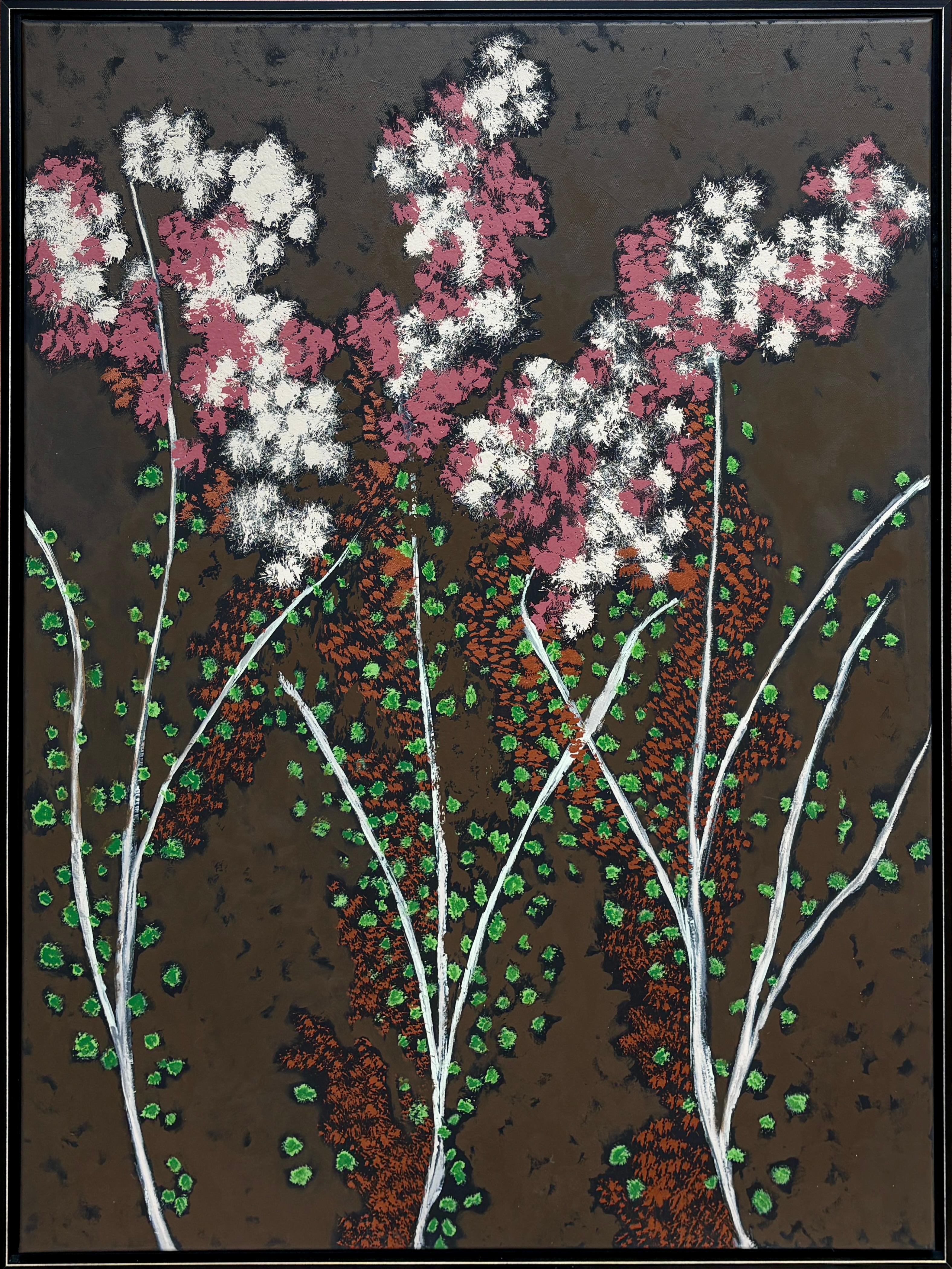 Still-Life Painting de Penny Whent - "Milenrama en flor" - Bodegón floral contemporáneo en tonos pastel y tierra