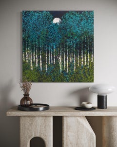 "Blue Sycamores" - Post-Impressionist Night-Time Landscape with Moon and Trees