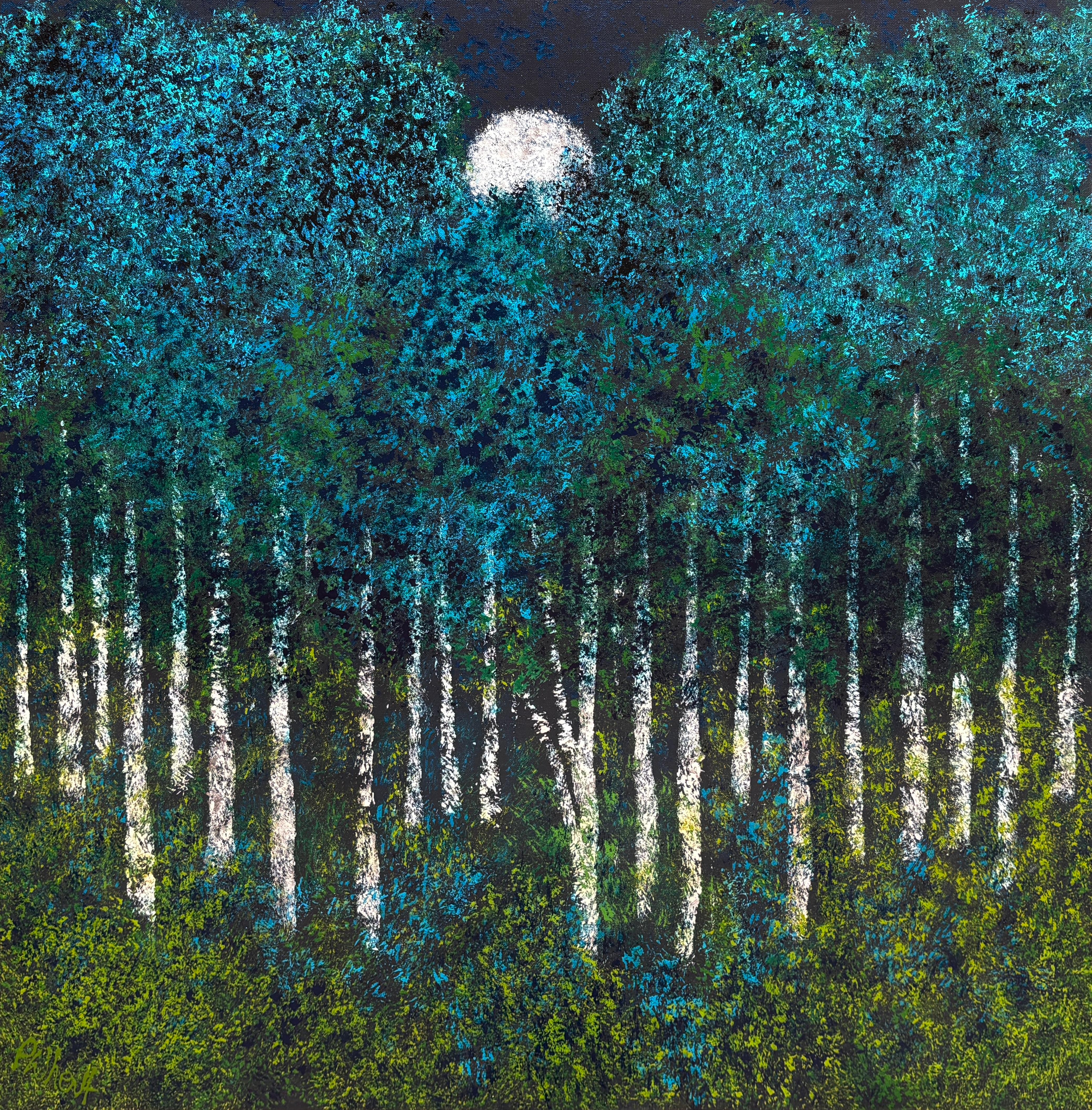Penny Whent Landscape Painting - "Blue Sycamores" - Post-Impressionist Night-Time Landscape with Moon and Trees