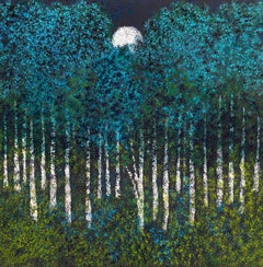 "Blue Sycamores" - Post-Impressionist Night-Time Landscape with Moon and Trees