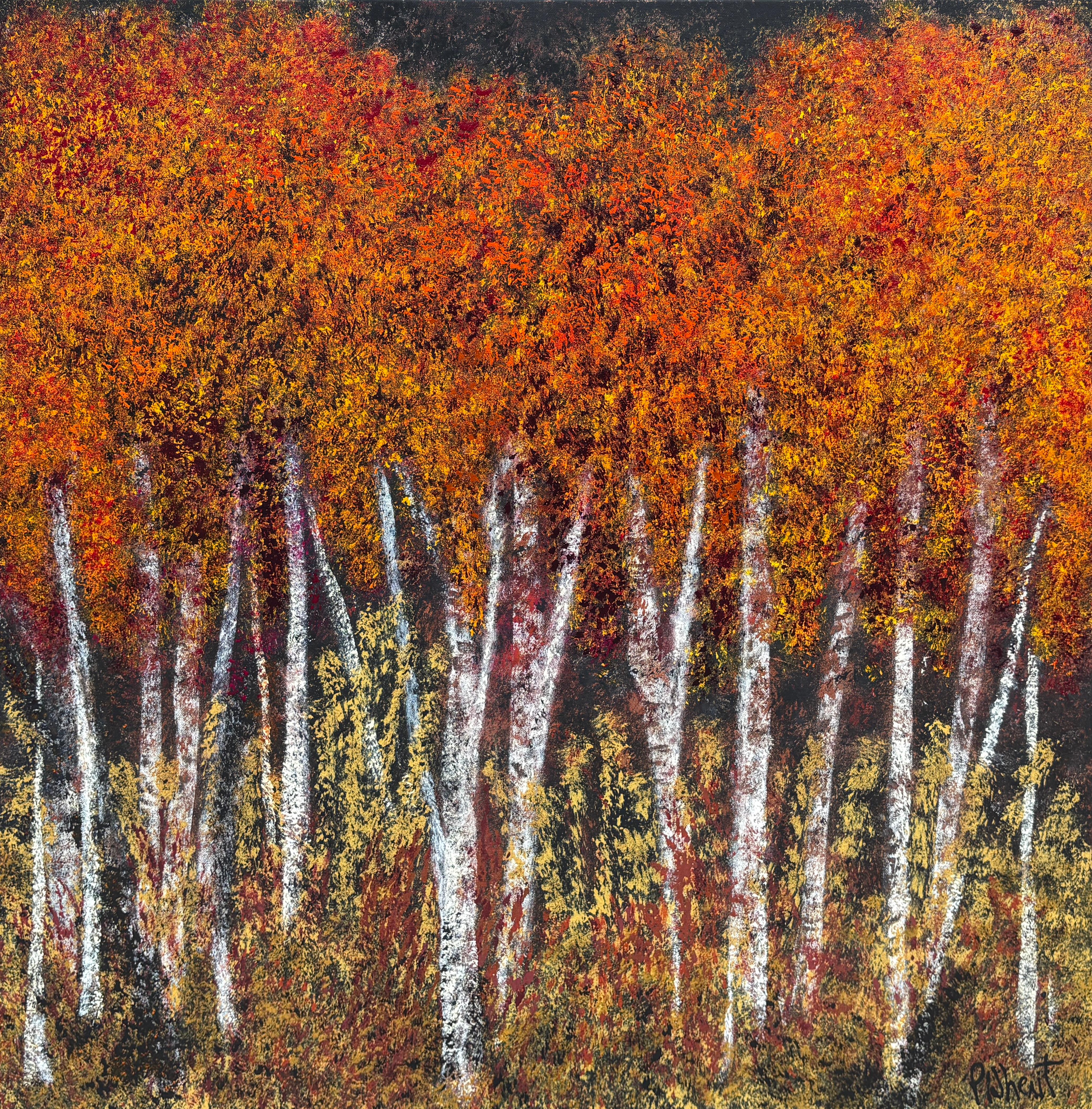 Penny Whent (American, born 1949)
"Carmel Valley Sycamores" 2024
Acrylic Paint, Canvas, Stretcher Bars
The artist signed the bottom right of the painting.

“Carmel Valley Sycamores” by Penny Whent captures the golden glow of California’s autumn