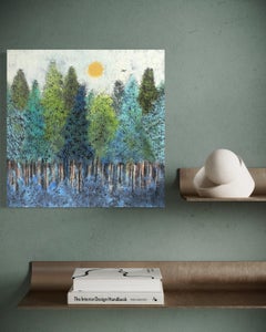 "Coming Home" - Bright Contemporary Sunny Landscape with a Bird and Lush Trees