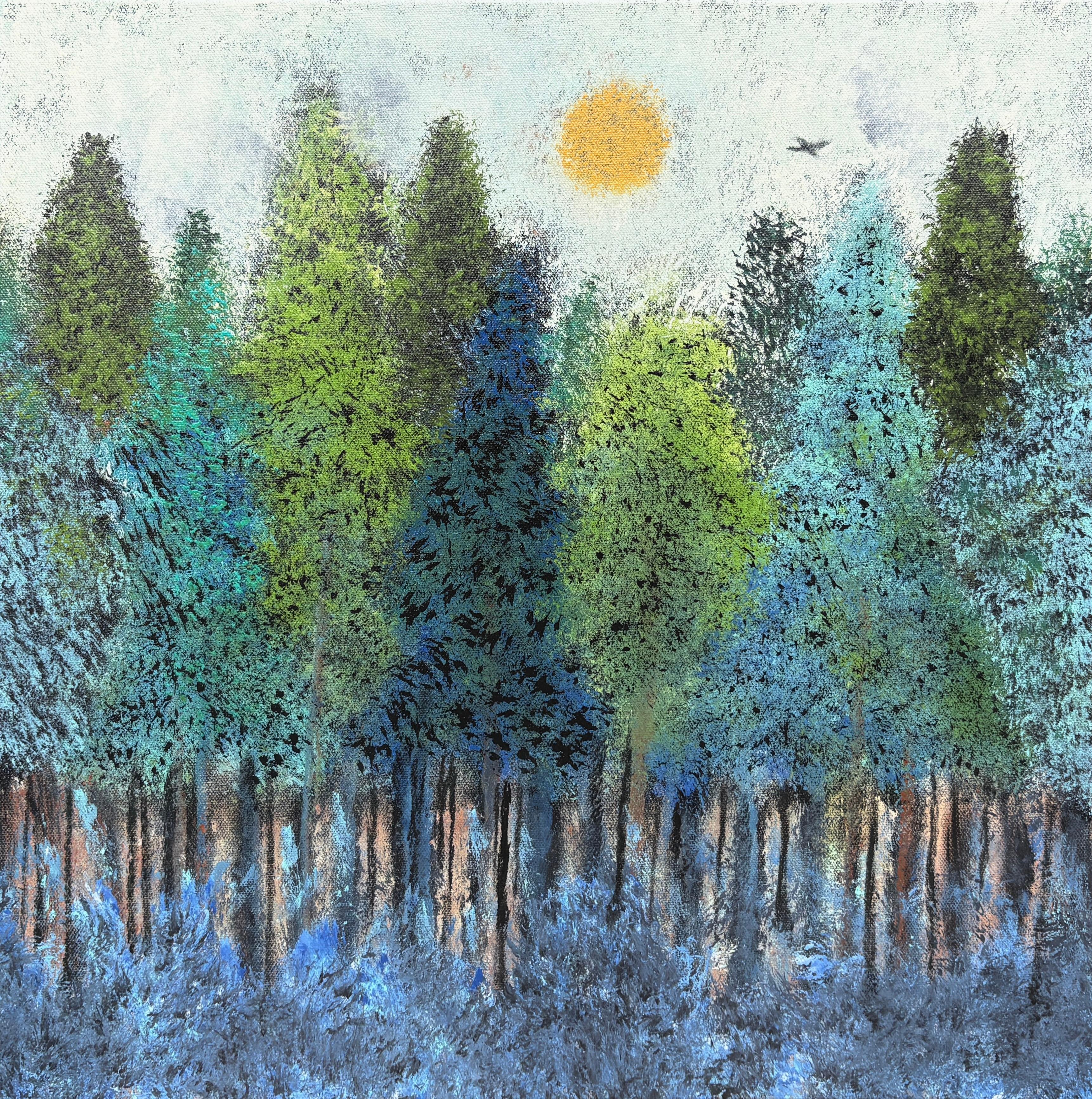 Penny Whent Landscape Painting - "Coming Home" - Bright Contemporary Sunny Landscape with a Bird and Lush Trees