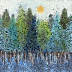"Coming Home" - Bright Contemporary Sunny Landscape with a Bird and Lush Trees