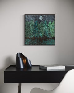 "Coming Home III" - Contemporary Textured Moonlit Forest Painting in Cool Tones