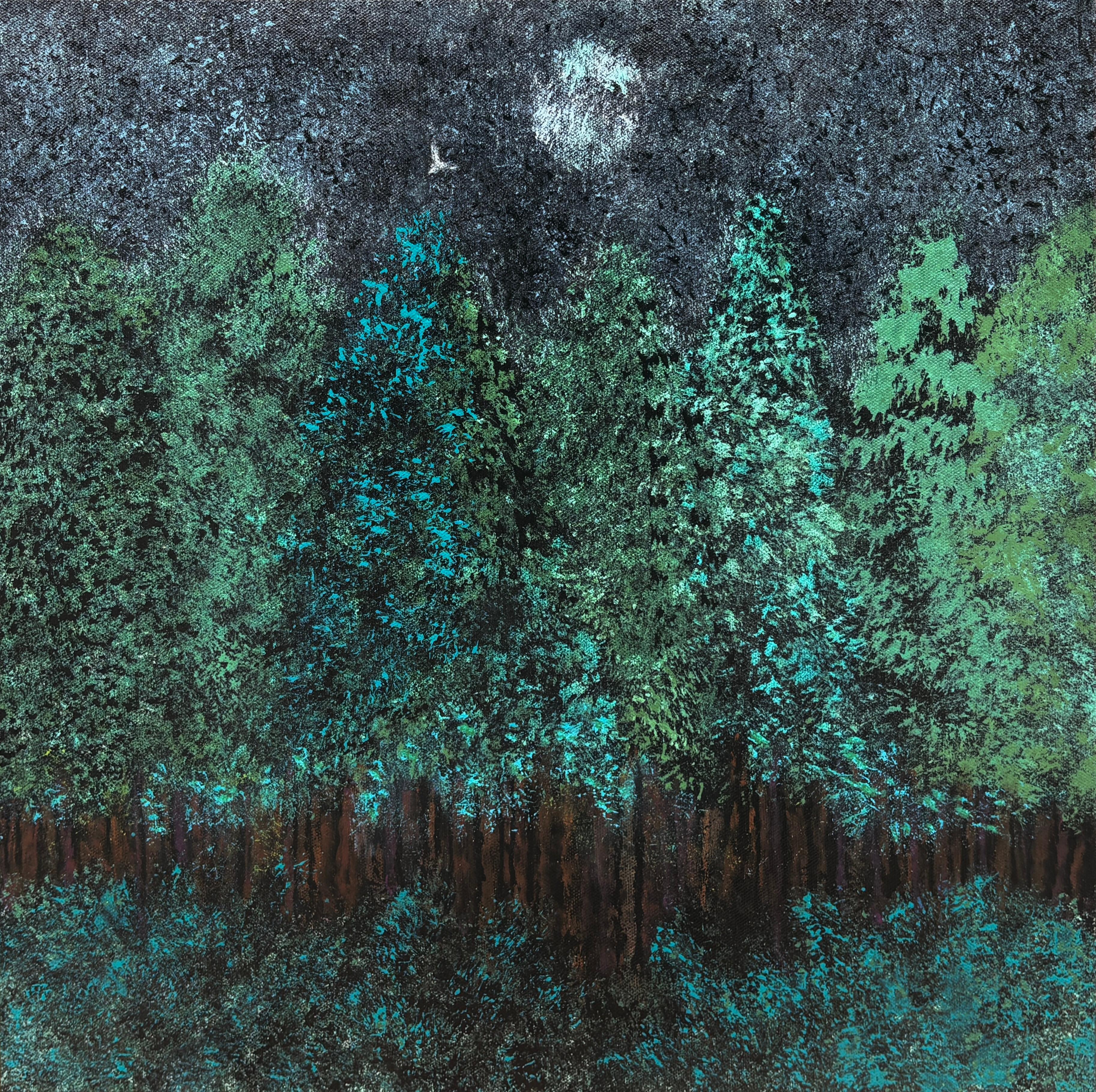 "Coming Home III" - Quadro contemporaneo con texture di foresta al chiaro di luna in toni freddi