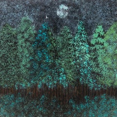 "Coming Home III" - Quadro contemporaneo con texture di foresta al chiaro di luna in toni freddi