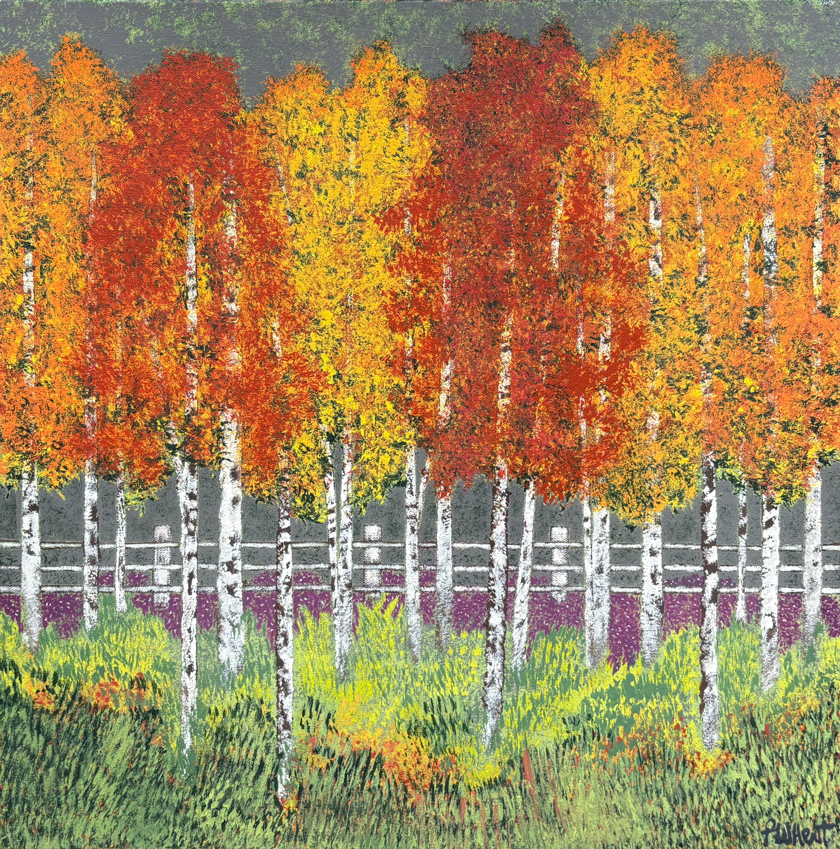 "Fenceline" - Pintura contemporánea de paisaje otoñal con árboles naranjas y rojos