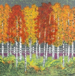 "Fenceline" - Pintura contemporánea de paisaje otoñal con árboles naranjas y rojos
