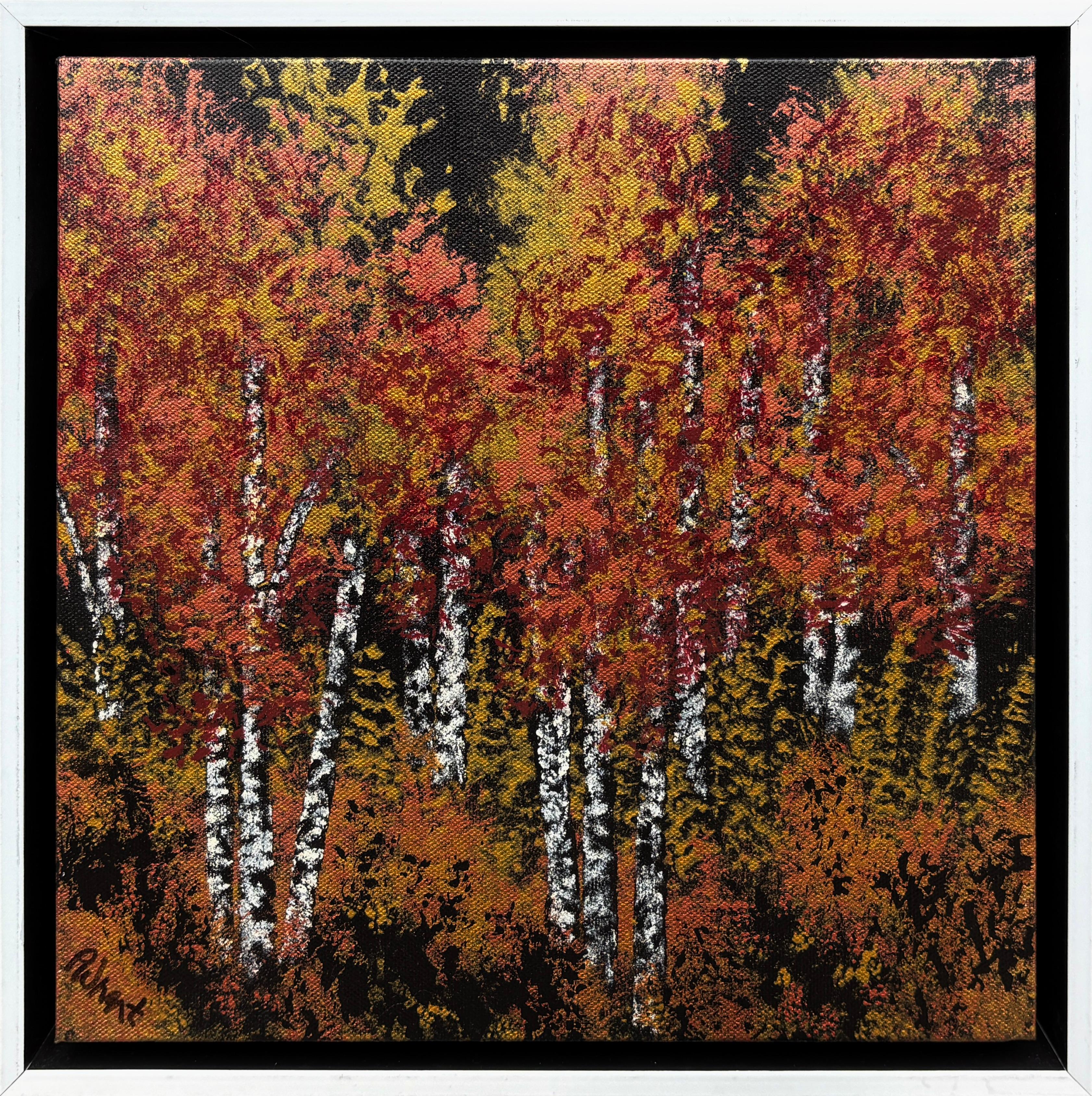 "Foothill Aspen" - Pintura contemporánea de paisaje con árboles naranjas y rojos