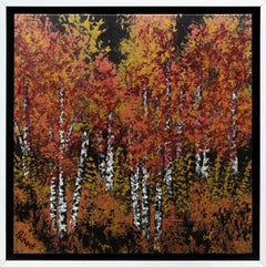 "Foothill Aspen" - Quadro di paesaggio contemporaneo con alberi arancioni e rossi