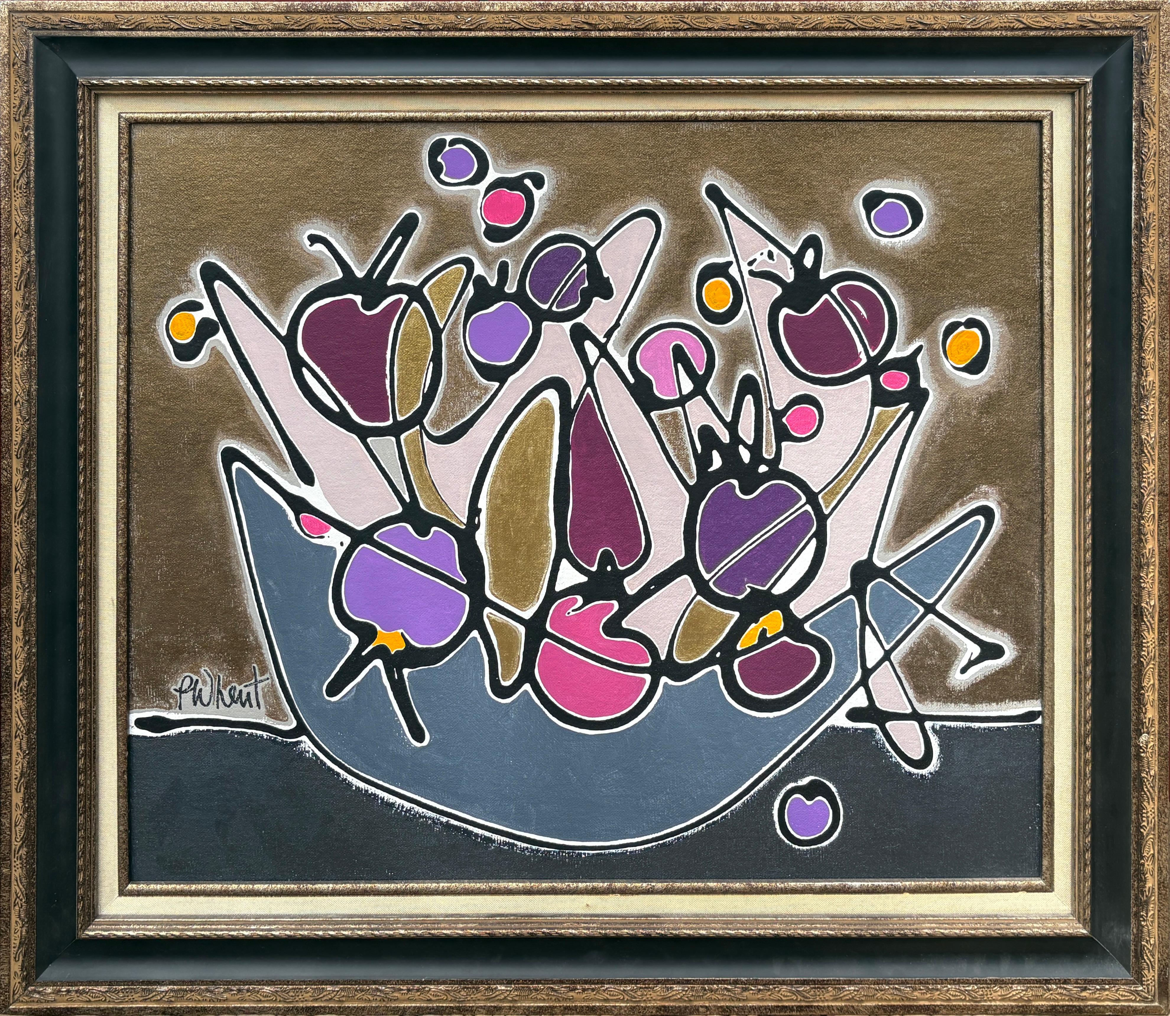 Abstract Painting de Penny Whent - "Frutero" - Colorido bodegón contemporáneo de frutas con tonos tierra