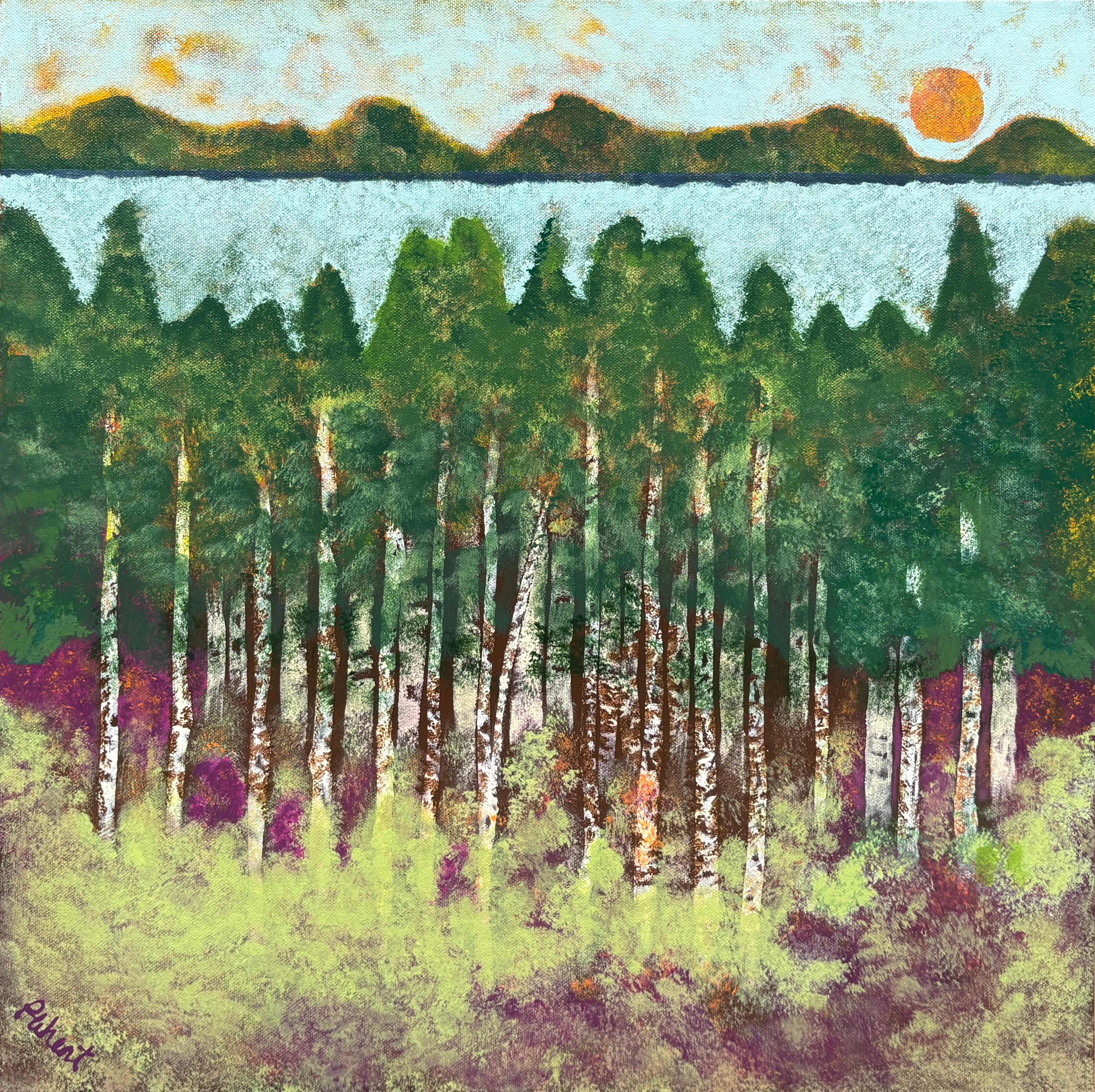 "Lago Tahoe" - Paisaje montañoso contemporáneo del lago Tahoe con un bosque verde