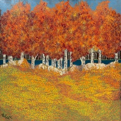 "Lakeside" - Bright Contemporary Riverside Autumn Forest Colorful Landscape