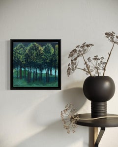 "Lakeside I" - Gerahmte zeitgenössische Baum- und Seelandschaft in kühler Palette