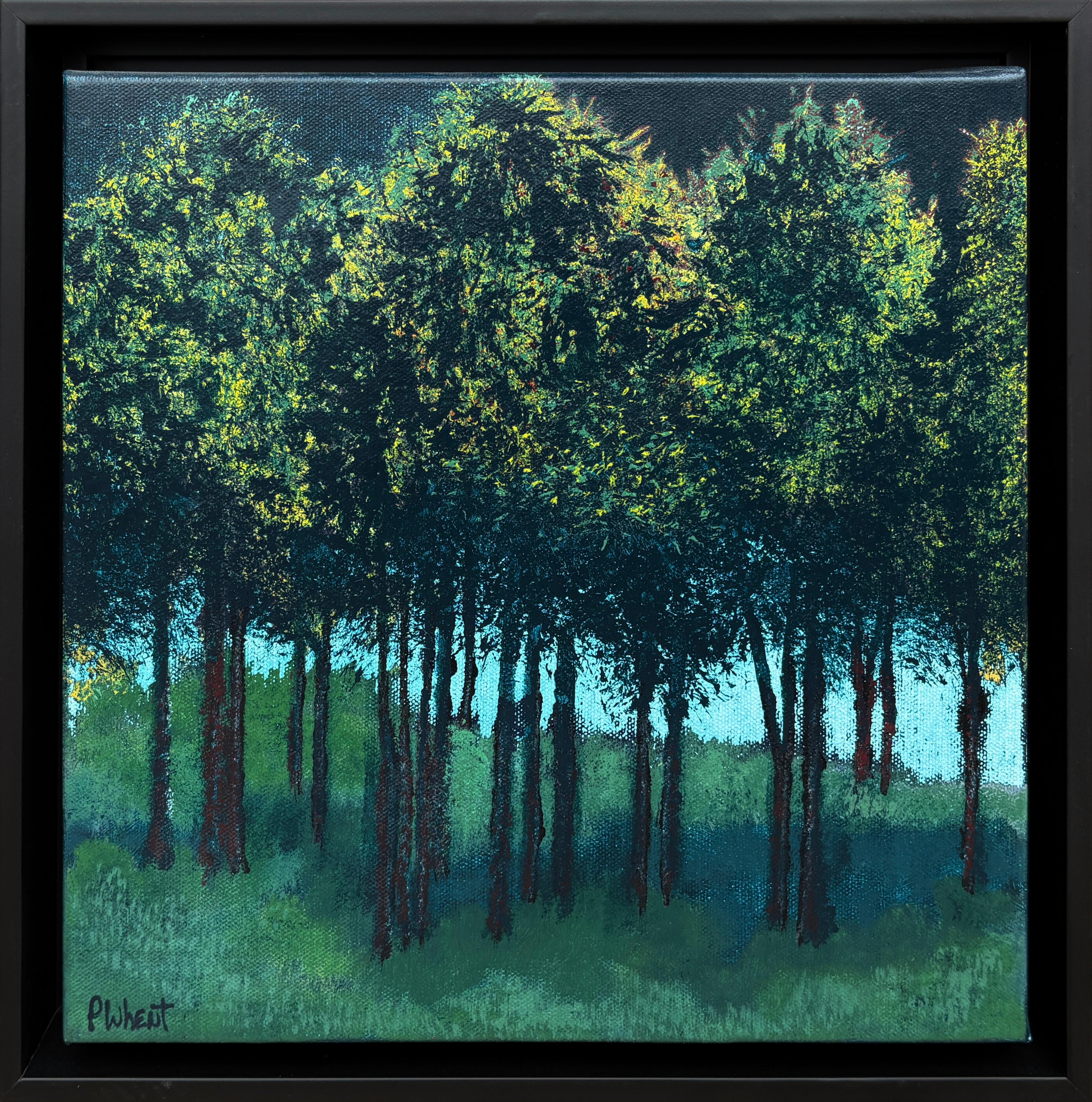 Landscape Painting Penny Whent - "Lakeside I" - Paysage contemporain encadré d'un arbre et d'un lac dans une palette fraîche