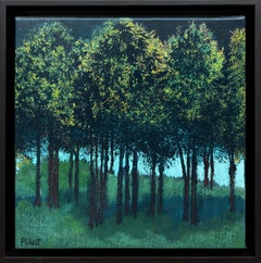 "Lakeside I" - Paysage contemporain encadré d'un arbre et d'un lac dans une palette fraîche