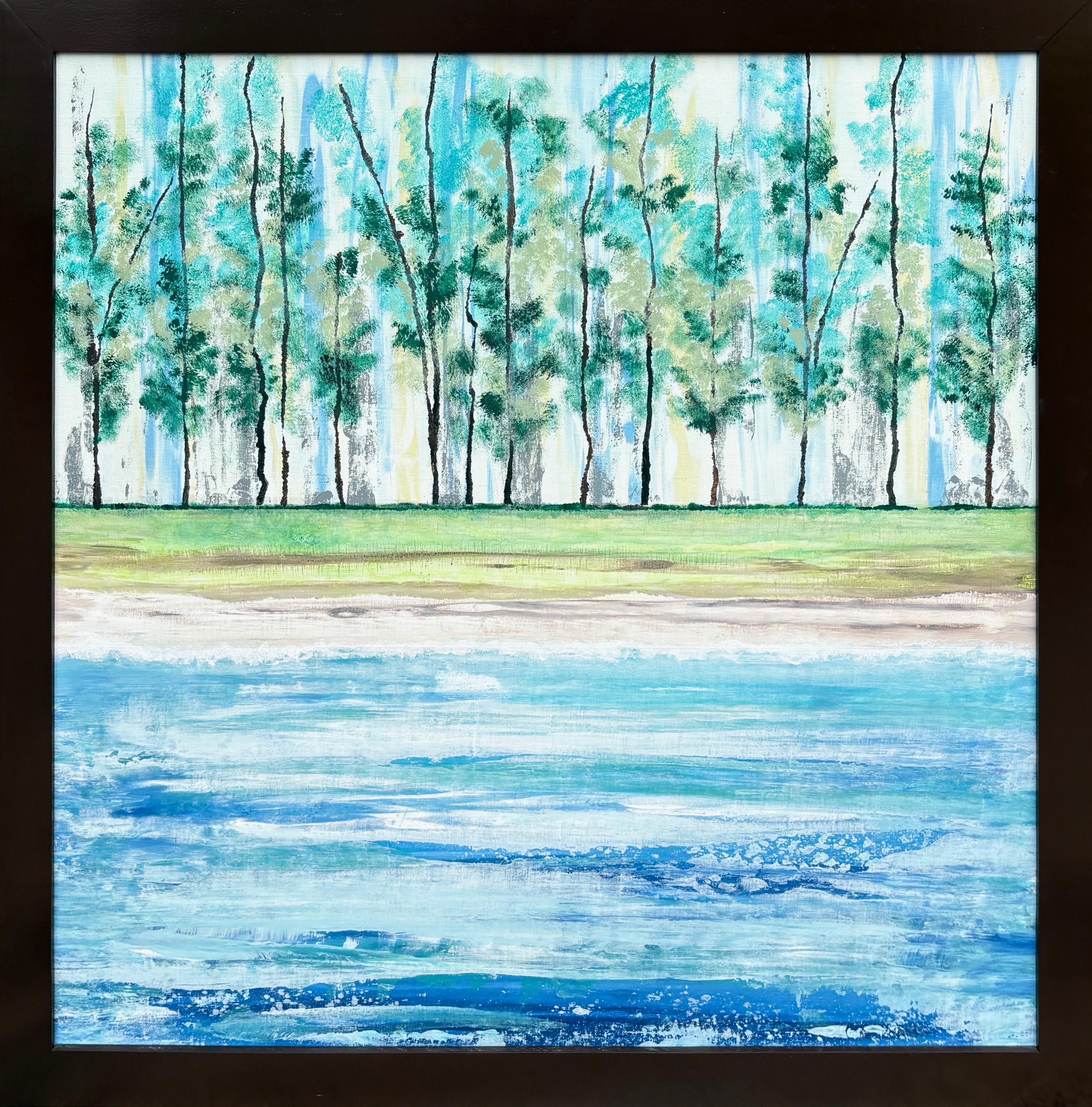 Penny Whent Landscape Painting – "Ocean Park" - Leuchtendes und farbenfrohes postimpressionistisches Küstenlandschaftsgemälde