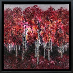 "Red Aspen II" - Modern Post-Impressionist Red Tree Forest Landscape Artwork